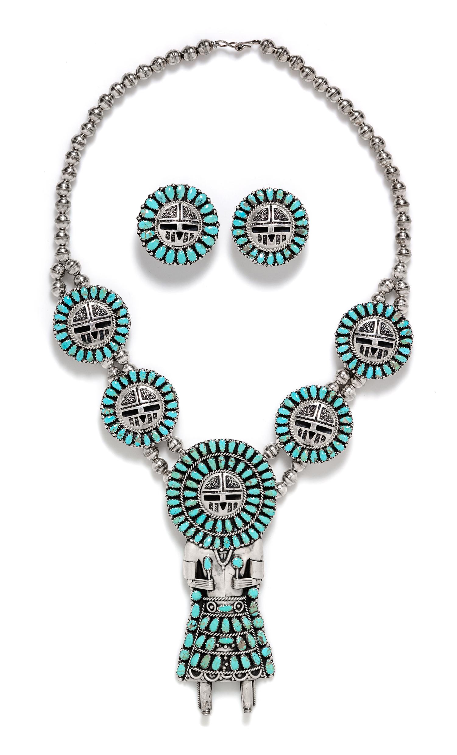 A Sterling Silver and Turquoise Sunface Kachina Doll Motif Demi Parure, Larry Moses Begay, Navajo, 91.90 dwts.