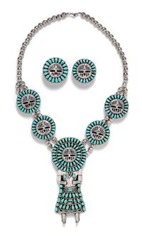 A Sterling Silver and Turquoise Sunface Kachina Doll Motif Demi Parure, Larry Moses Begay, Navajo, 91.90 dwts.