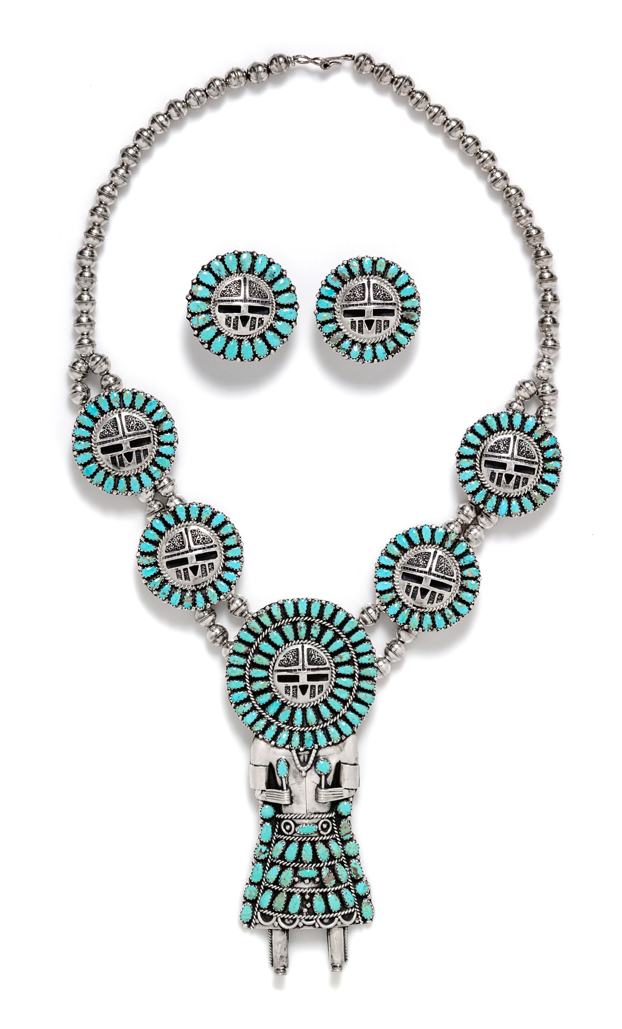 A Sterling Silver and Turquoise Sunface Kachina Doll Motif Demi Parure, Larry Moses Begay, Navajo, 91.90 dwts.