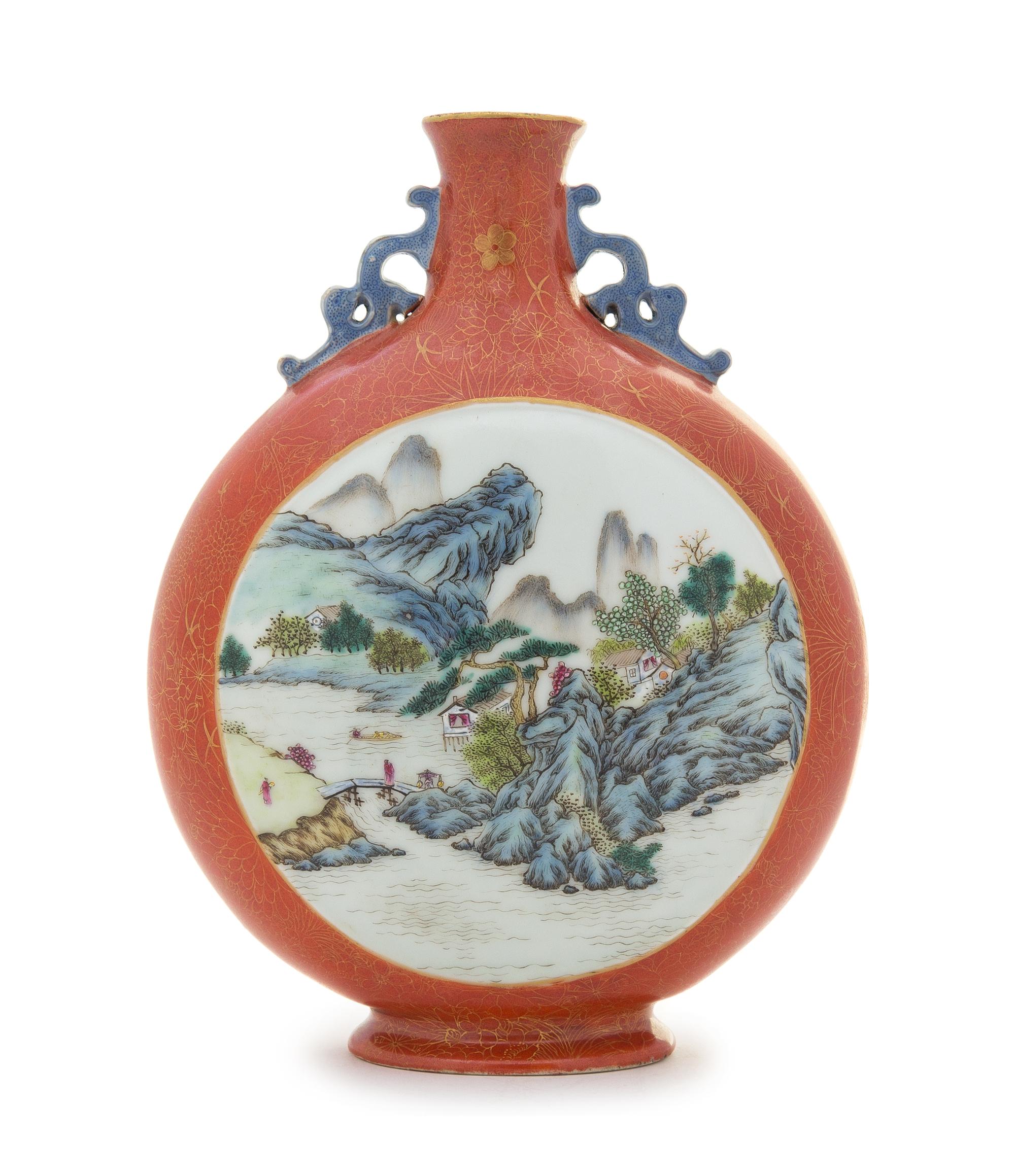 A Polychrome Enameled and Iron Red Porcelain Moon Flask Height 11 inches.