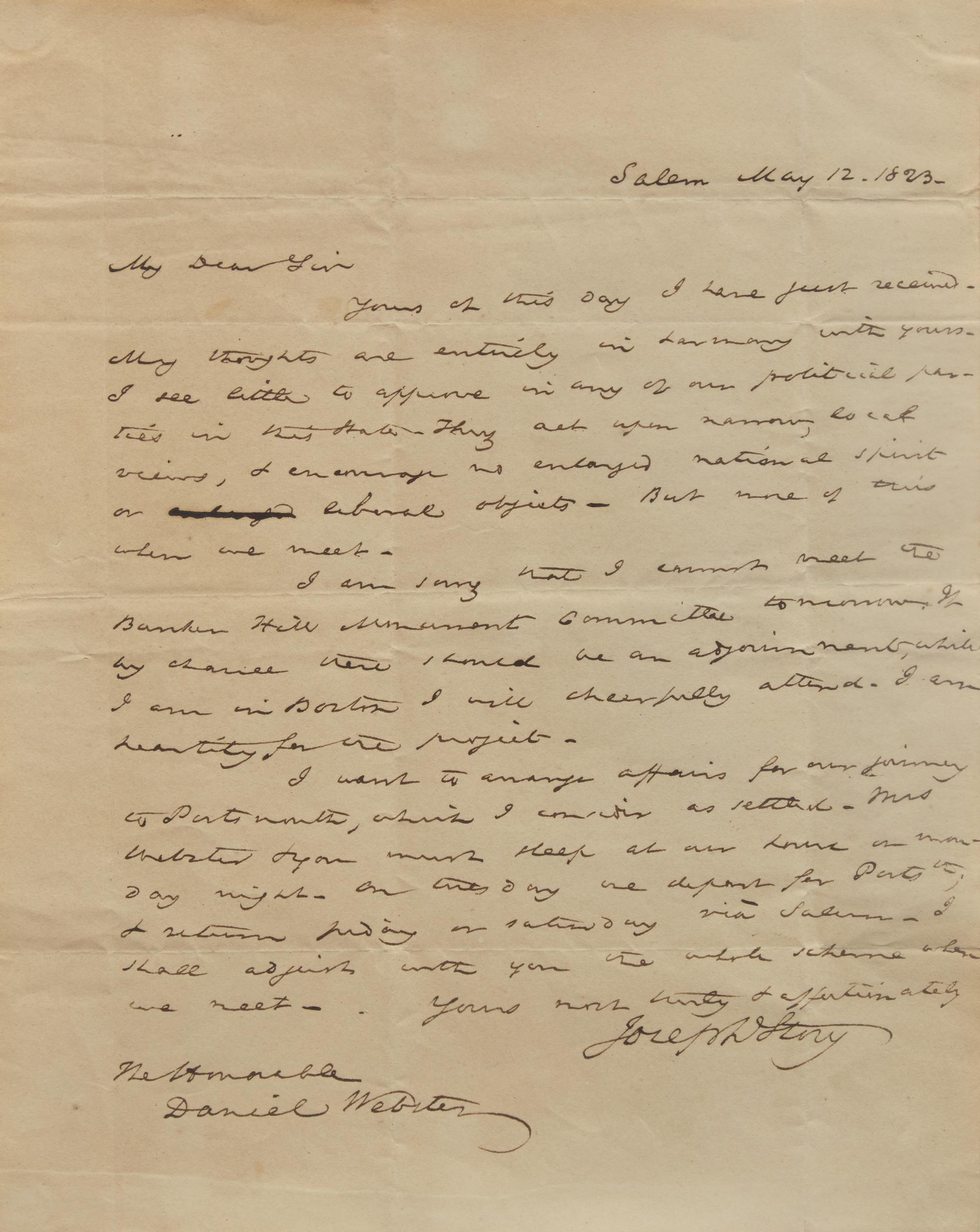 [Americana] [Webster, Daniel] Story, Joseph. Autograph Letter, signed