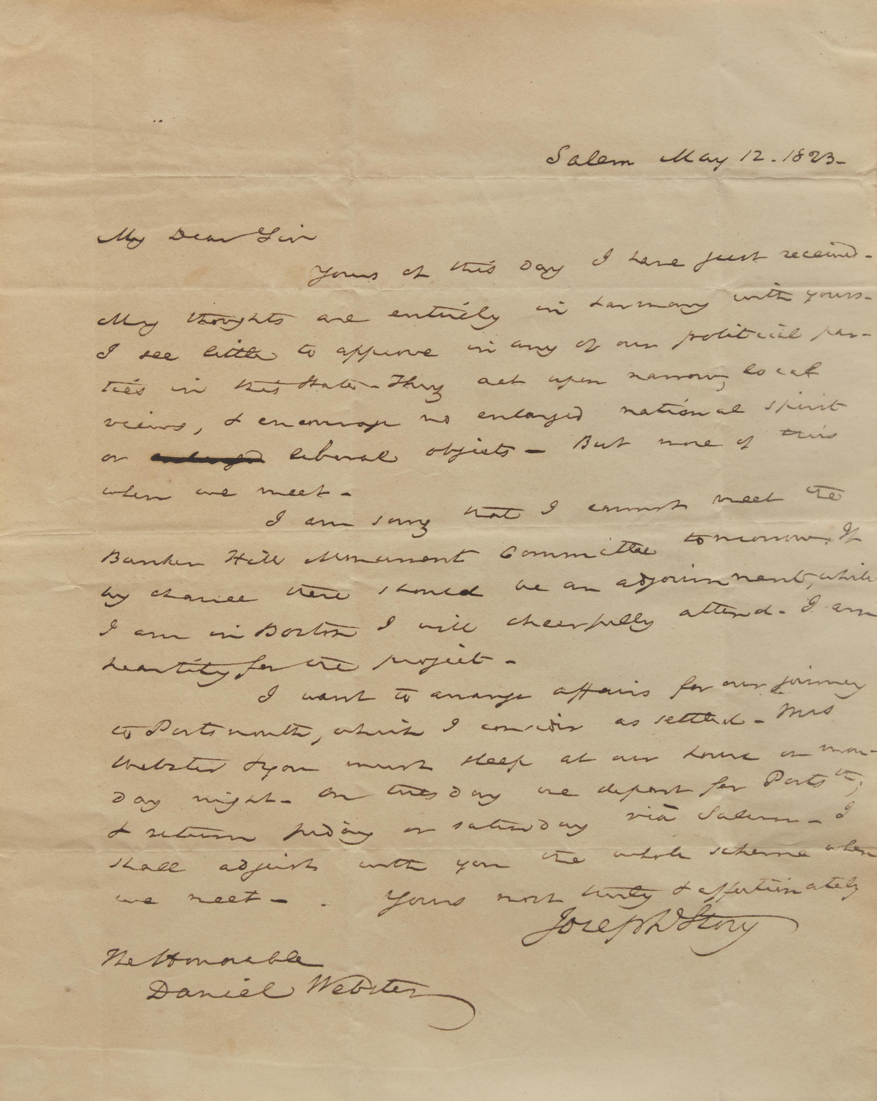 [Americana] [Webster, Daniel] Story, Joseph. Autograph Letter, signed