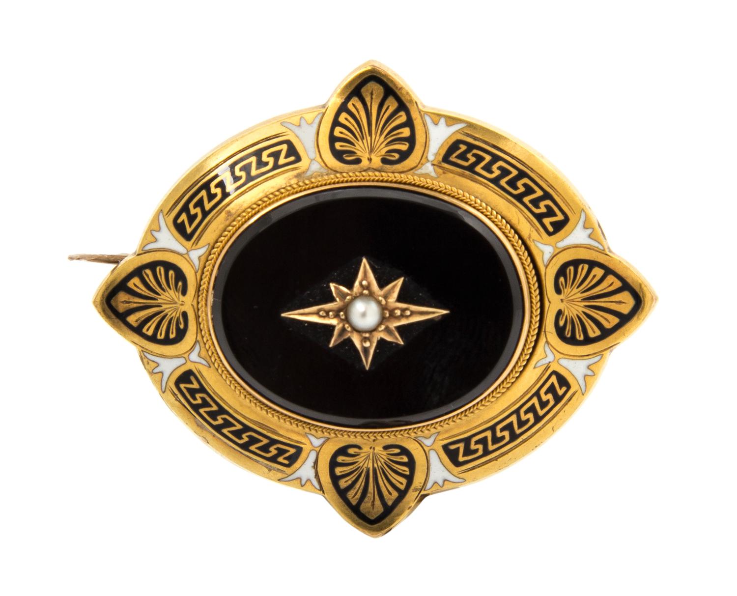 A Victorian Yellow Gold, Onyx and Seed Pearl Demi Parure, 14.80 dwts.