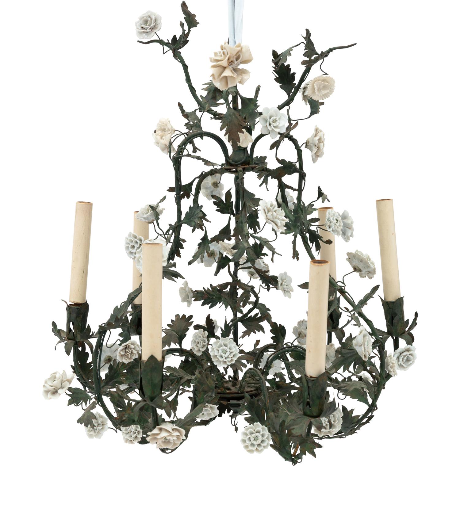 A French Tole and Porcelain Six-Light Chandelier