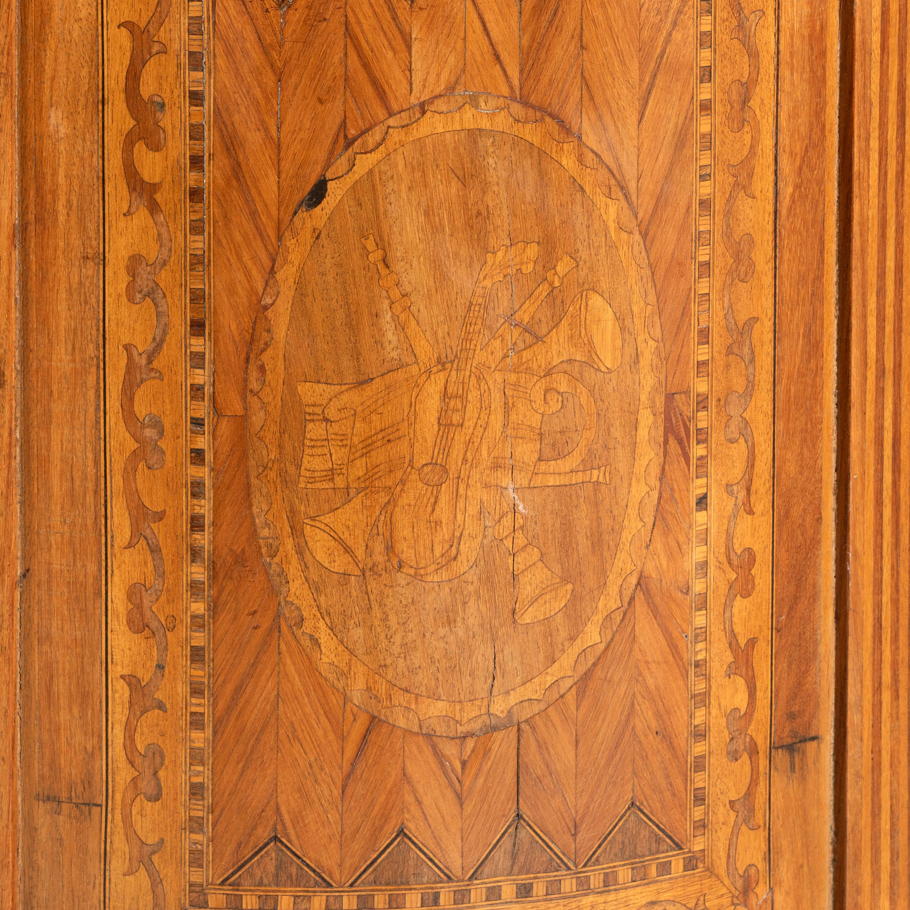 A Pair of Italian Neoclassical Marquetry and Marble-Top Commodini
