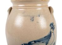 A Three-Gallon New York Stoneware Crock with Cobalt Freehand Bird