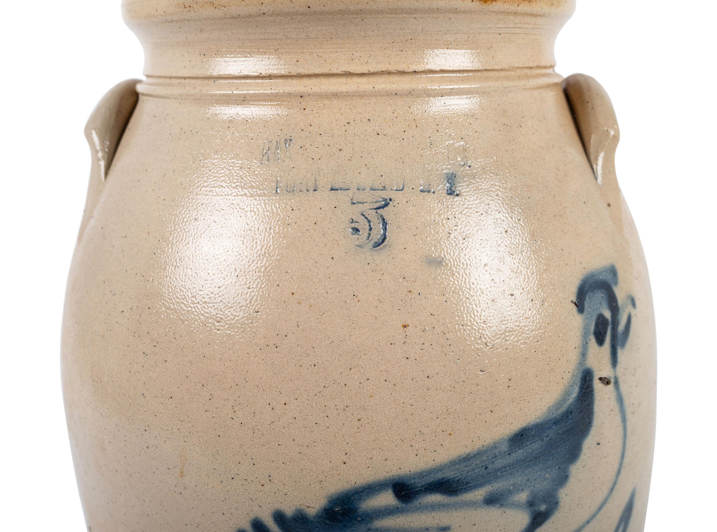 A Three-Gallon New York Stoneware Crock with Cobalt Freehand Bird