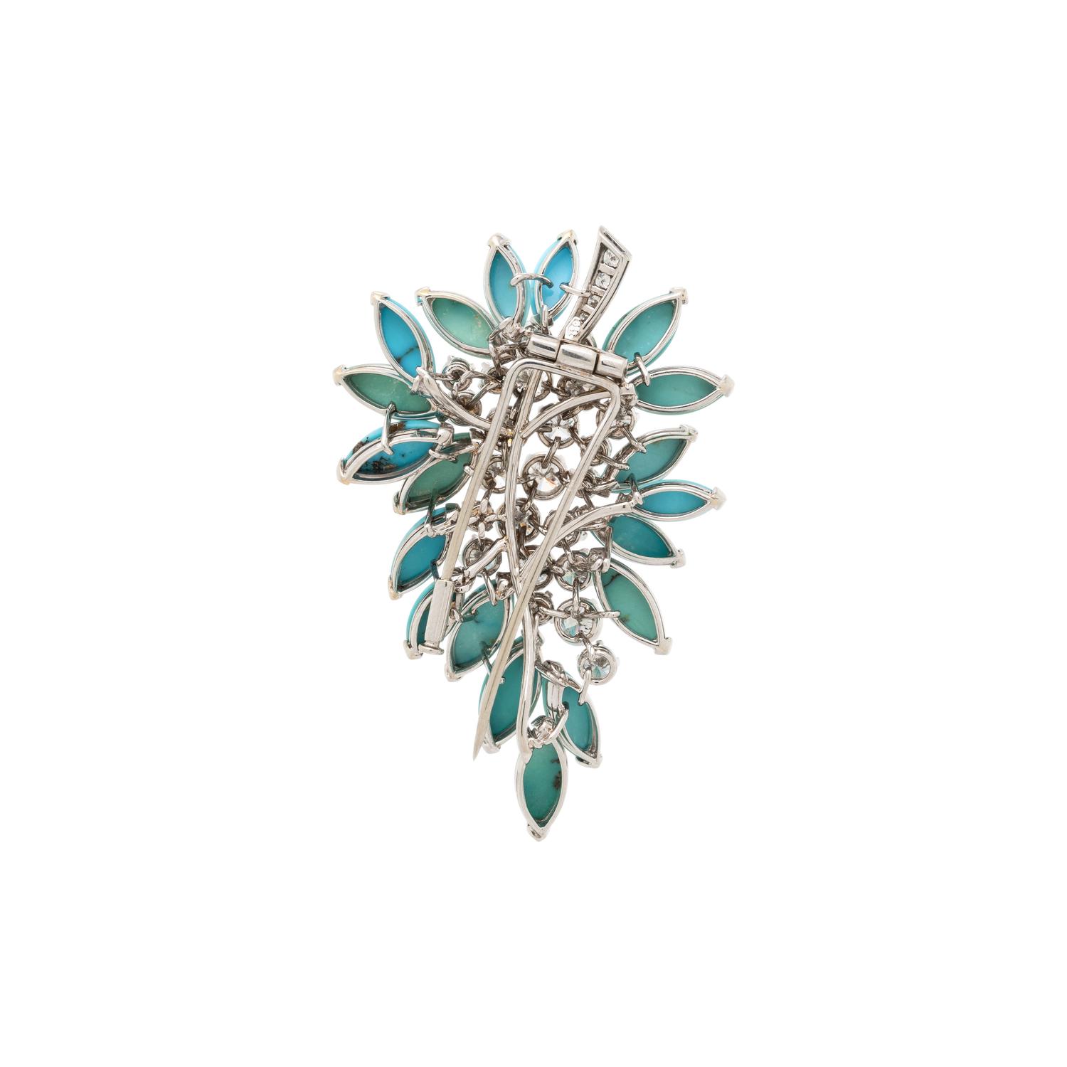 DIAMOND, TURQUOISE, AND WHITE GOLD SPRAY BROOCH