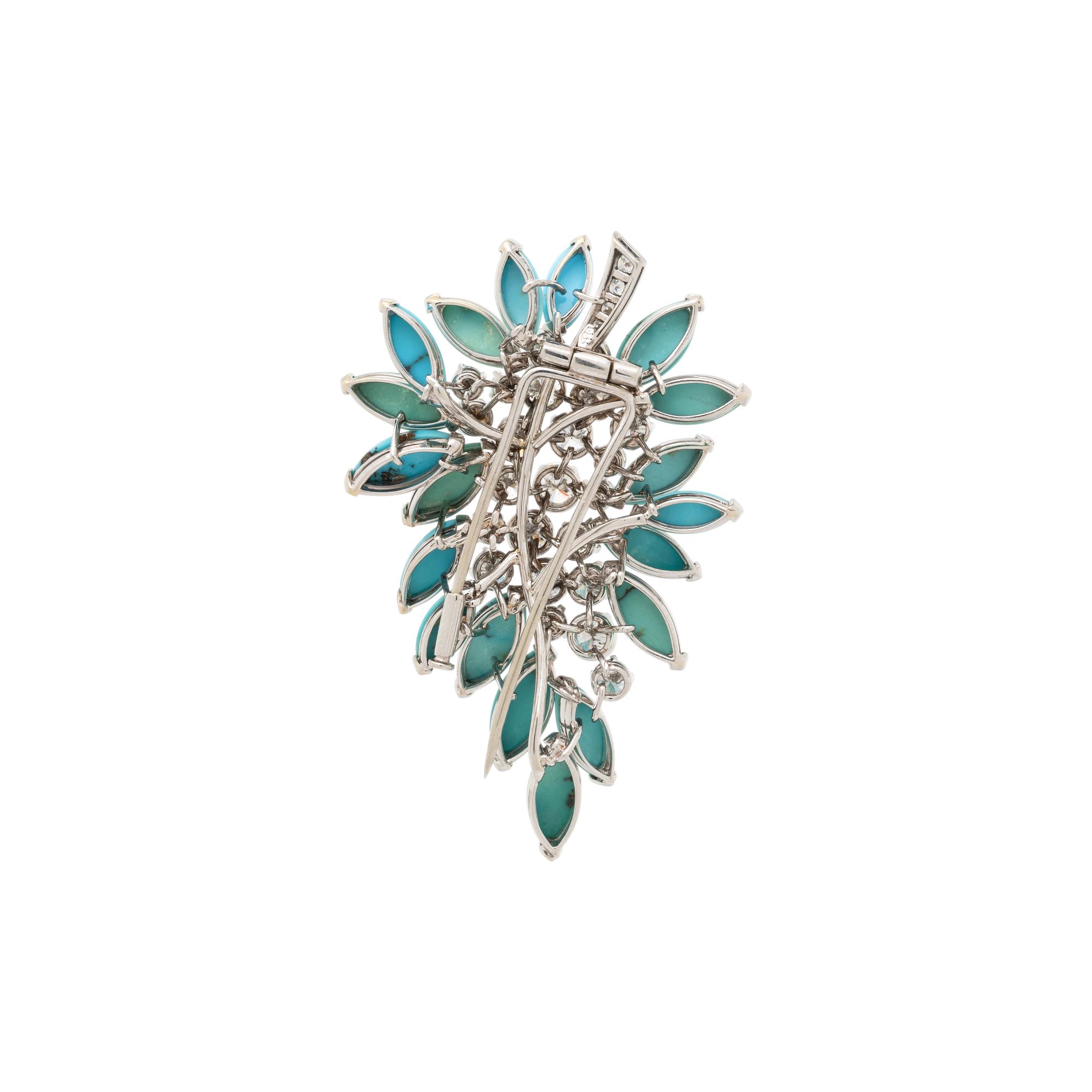 DIAMOND, TURQUOISE, AND WHITE GOLD SPRAY BROOCH