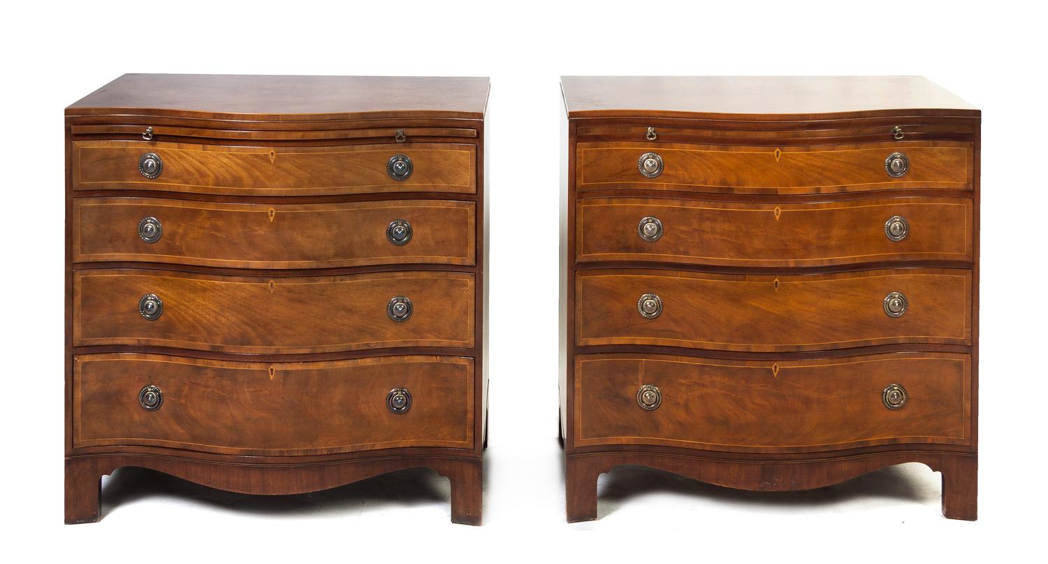A Pair of George III Style Mahogany Bachelor's Chests, Height 35 x width 20 1/2 x depth 35 inches.