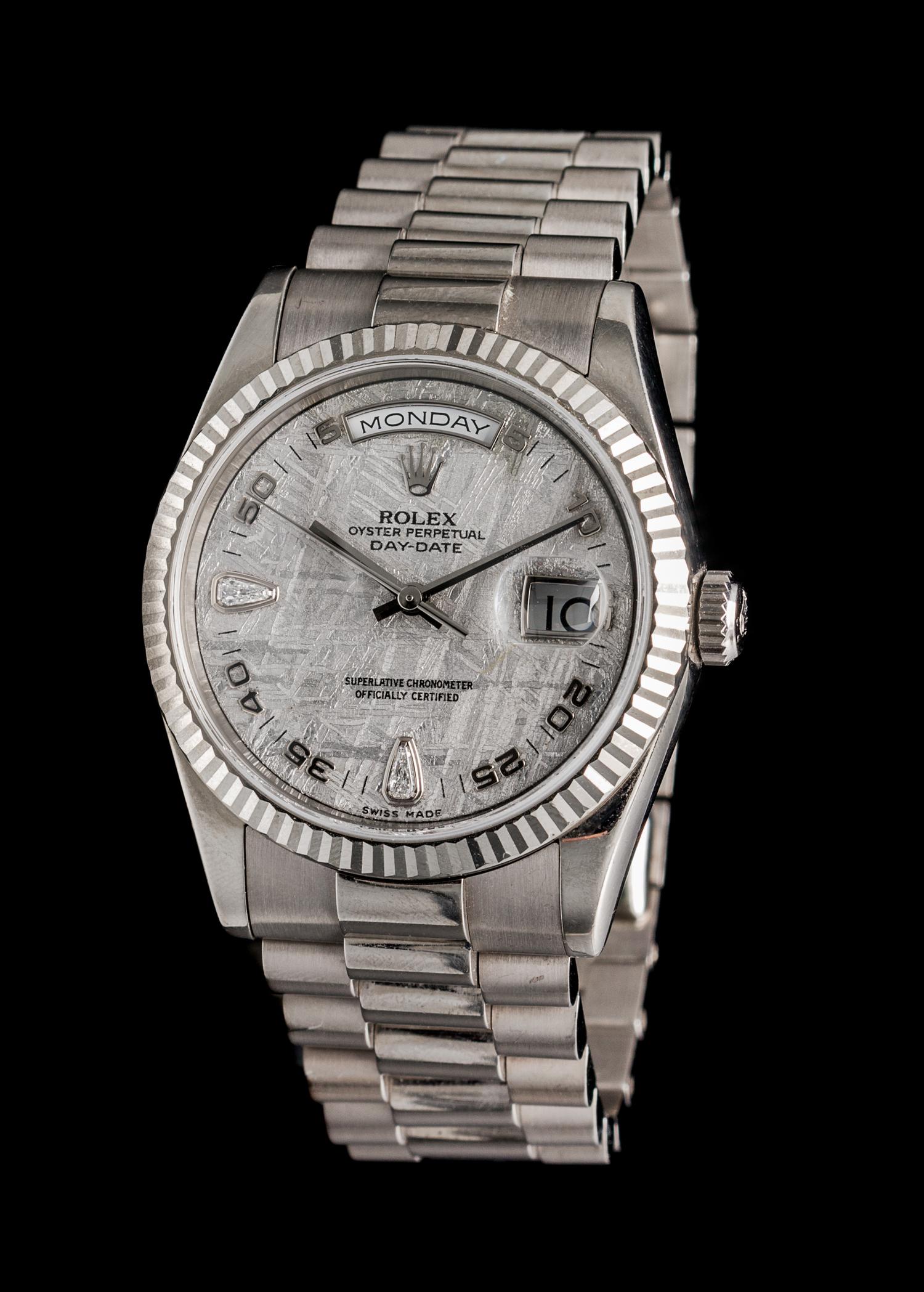 An 18 Karat White Gold and Diamond Ref. 118239 Oyster Perpetual Day-Date Wristwatch with Meteorite Dial, Rolex, Circa 2001,
