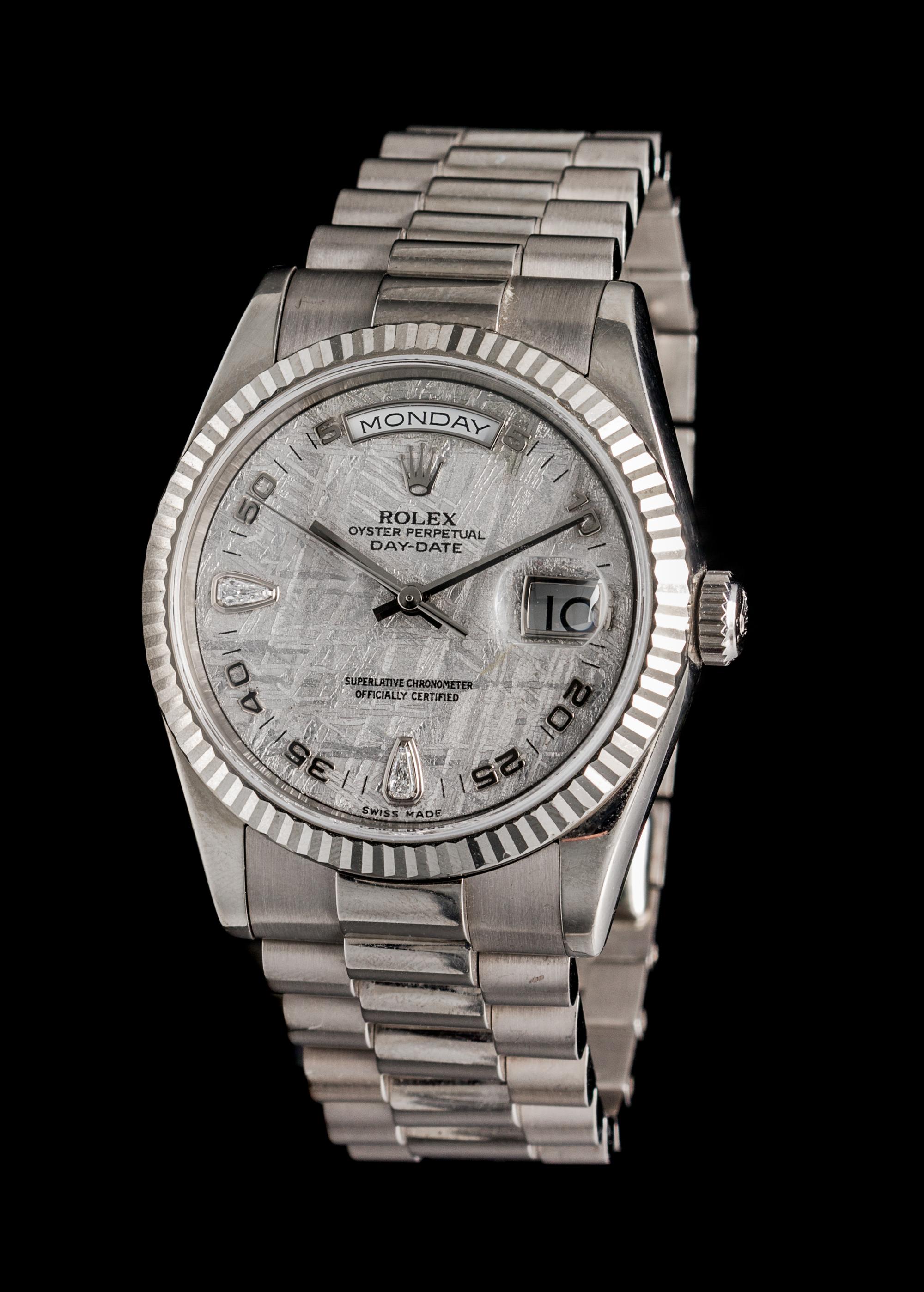 An 18 Karat White Gold and Diamond Ref. 118239 Oyster Perpetual Day-Date Wristwatch with Meteorite Dial, Rolex, Circa 2001,