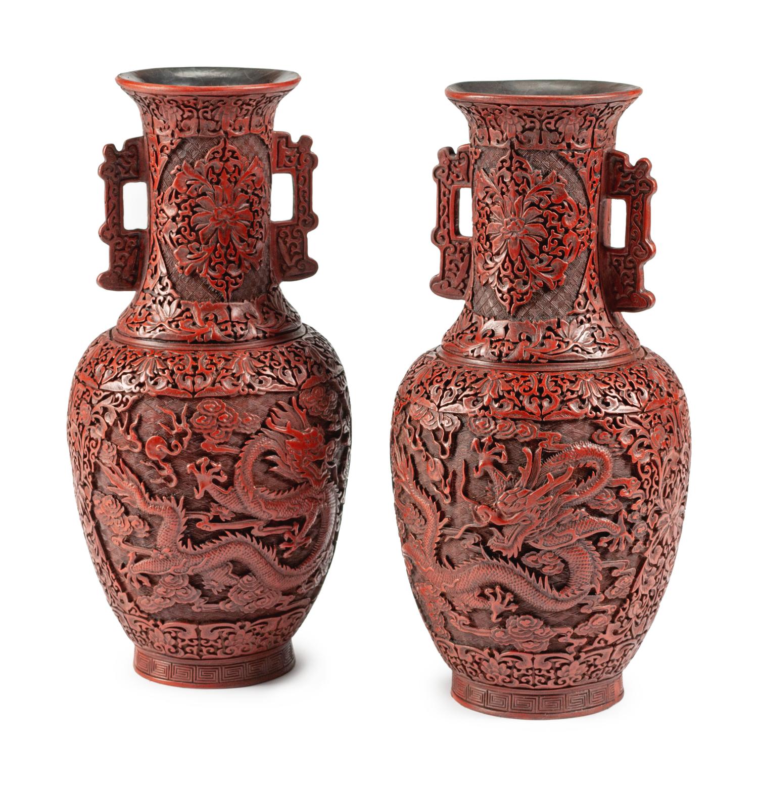 A Pair of Chinese Carved Red Lacquer Vases
