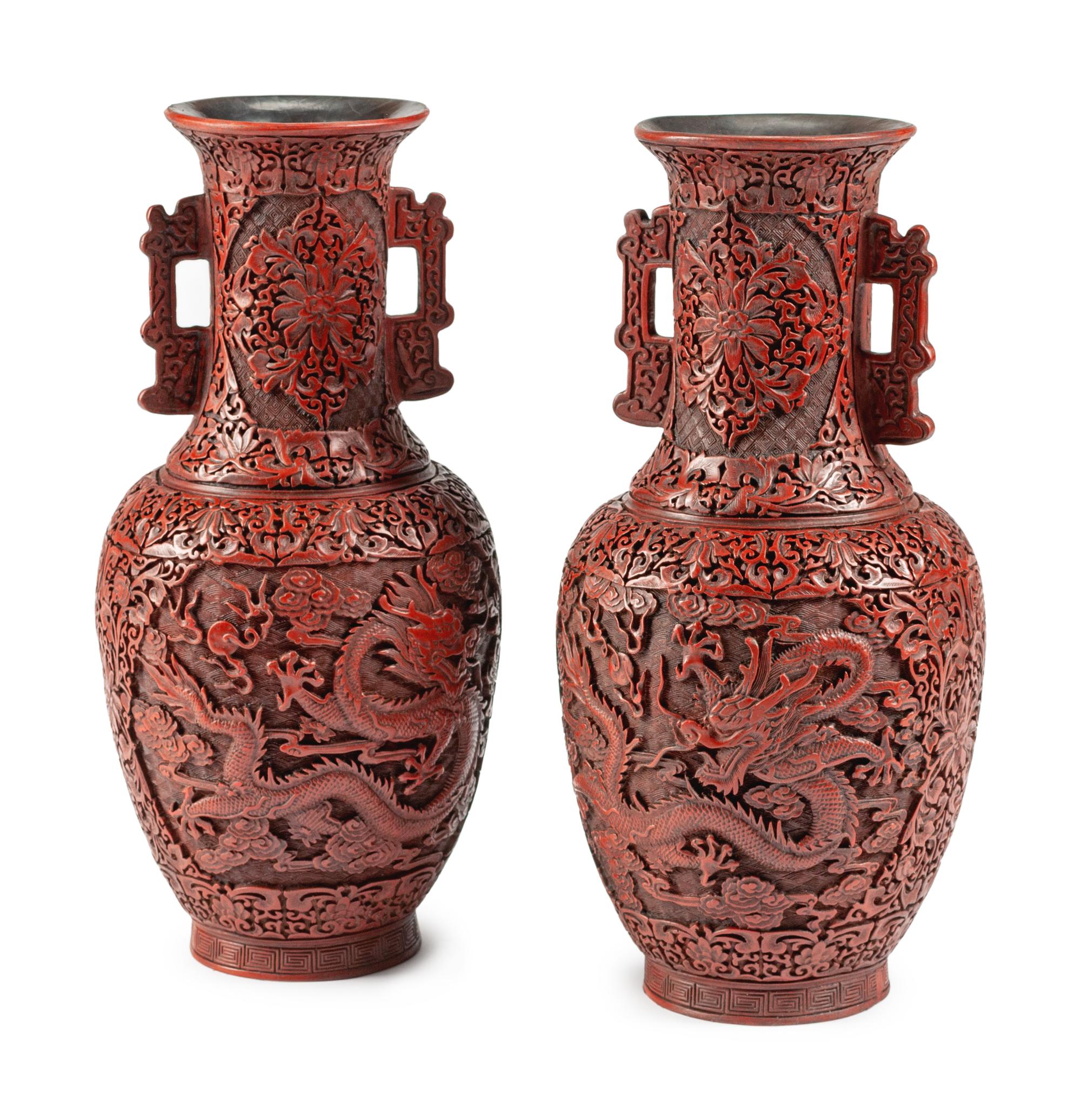 A Pair of Chinese Carved Red Lacquer Vases