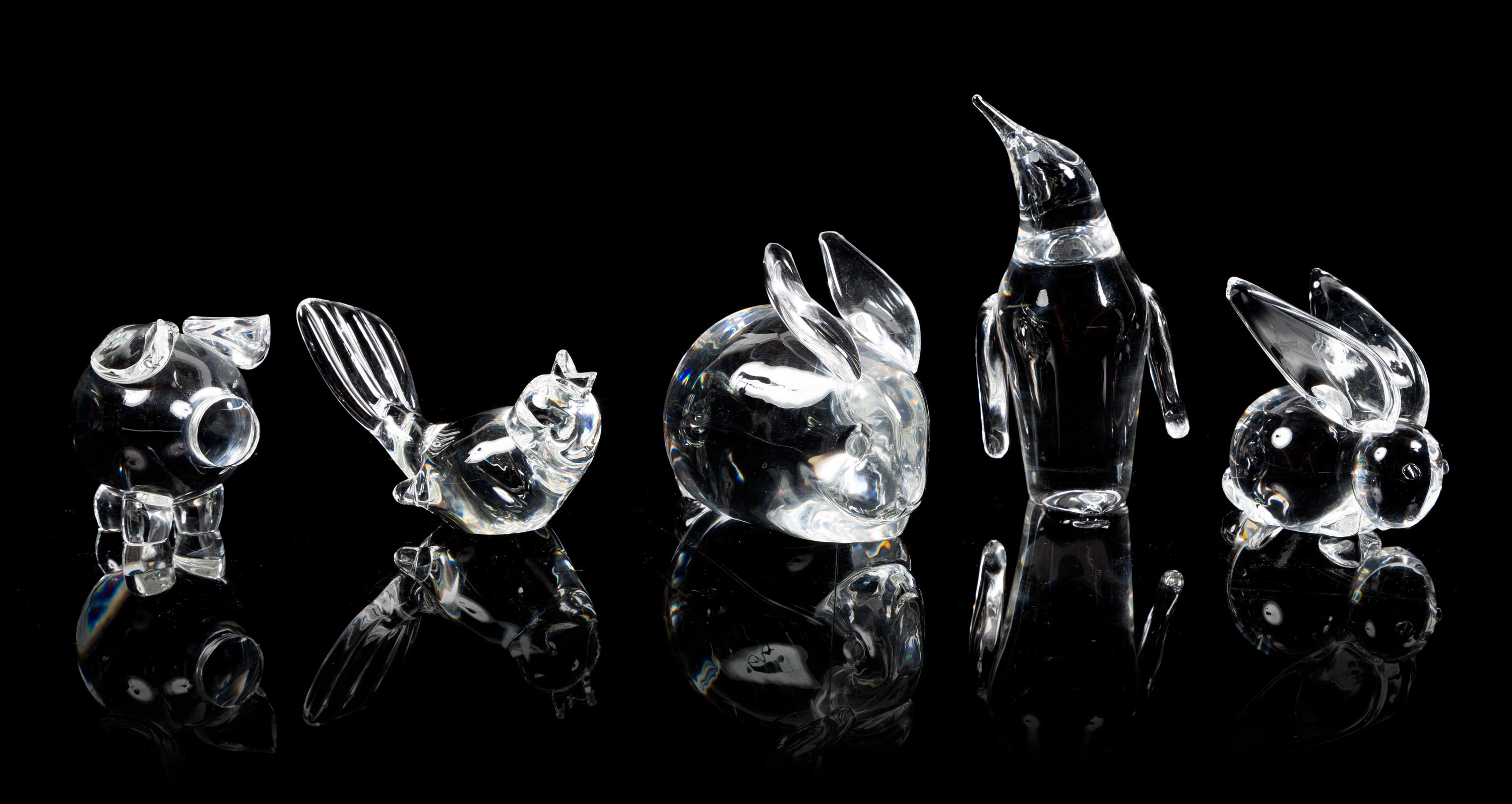 Steuben, a group of five figures, comprising a penguin, a large and a small rabbit, a pig, and a bird