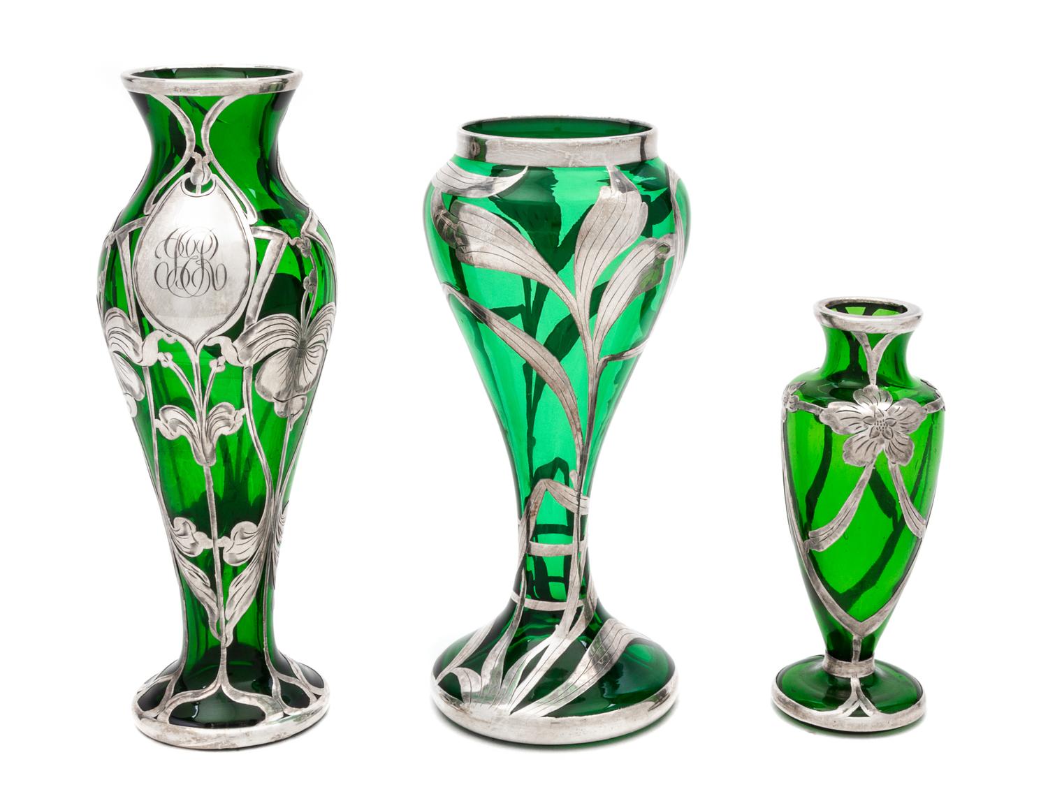 Three Silver Overlay Glass Vases Height of tallest 8 inches.