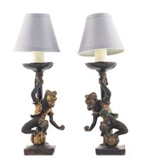 A Pair of Bronze Monkey Candlesticks Mounted as Lamps