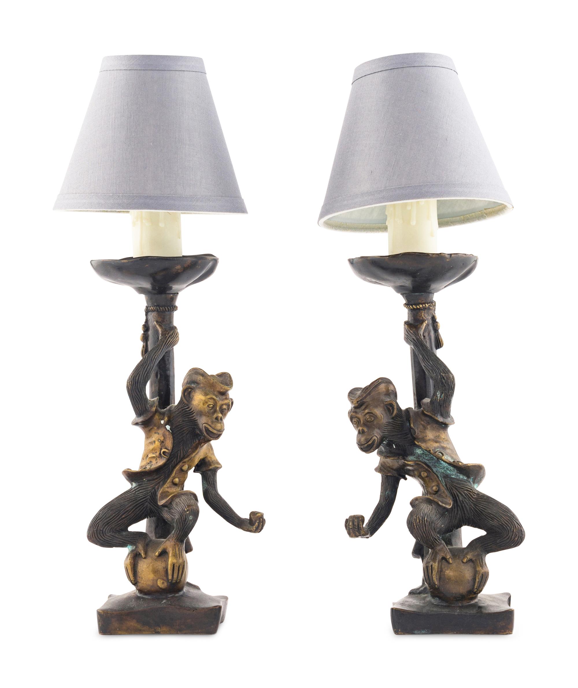 A Pair of Bronze Monkey Candlesticks Mounted as Lamps