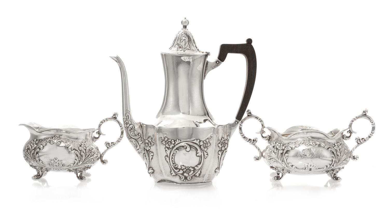 An Assembled American Silver Coffee Service, , comprising a coffee pot, Meriden Brittania Co., Meriden, CT and a creamer and sugar set,