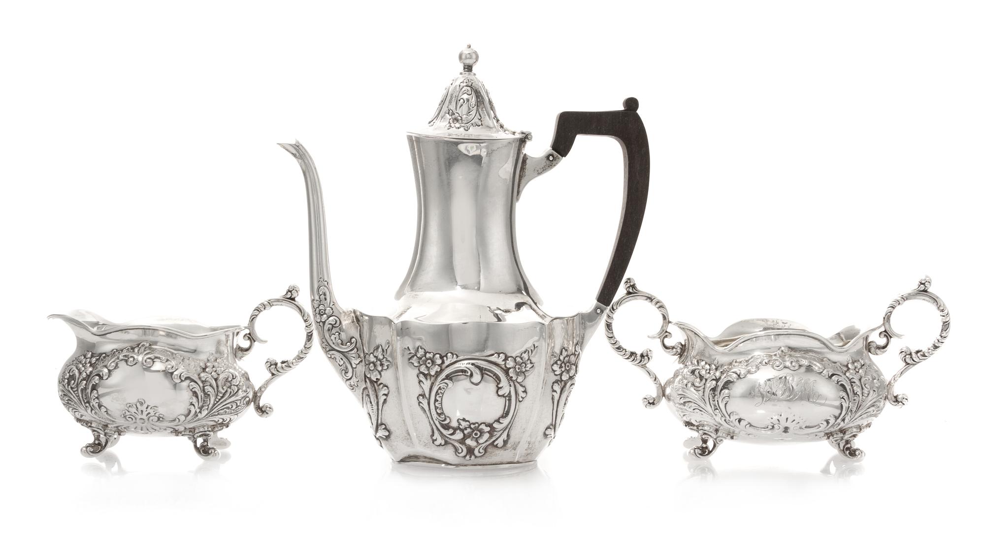 An Assembled American Silver Coffee Service, , comprising a coffee pot, Meriden Brittania Co., Meriden, CT and a creamer and sugar set,