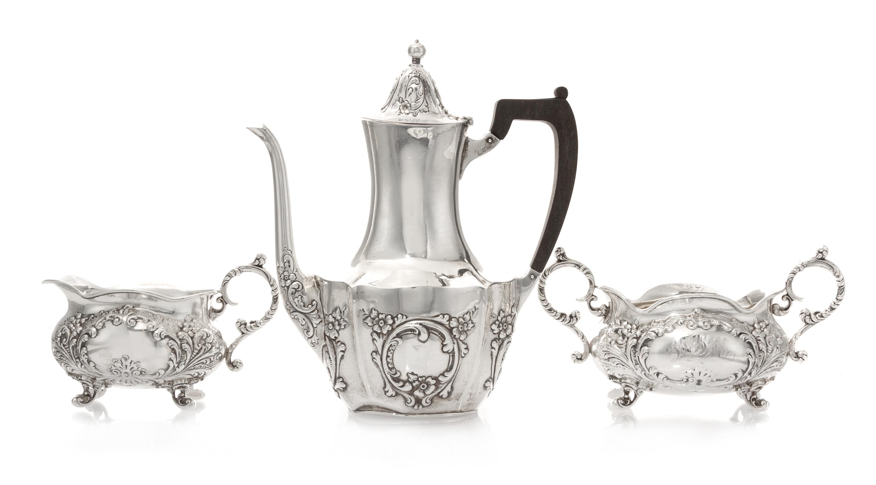 An Assembled American Silver Coffee Service, , comprising a coffee pot, Meriden Brittania Co., Meriden, CT and a creamer and sugar set,