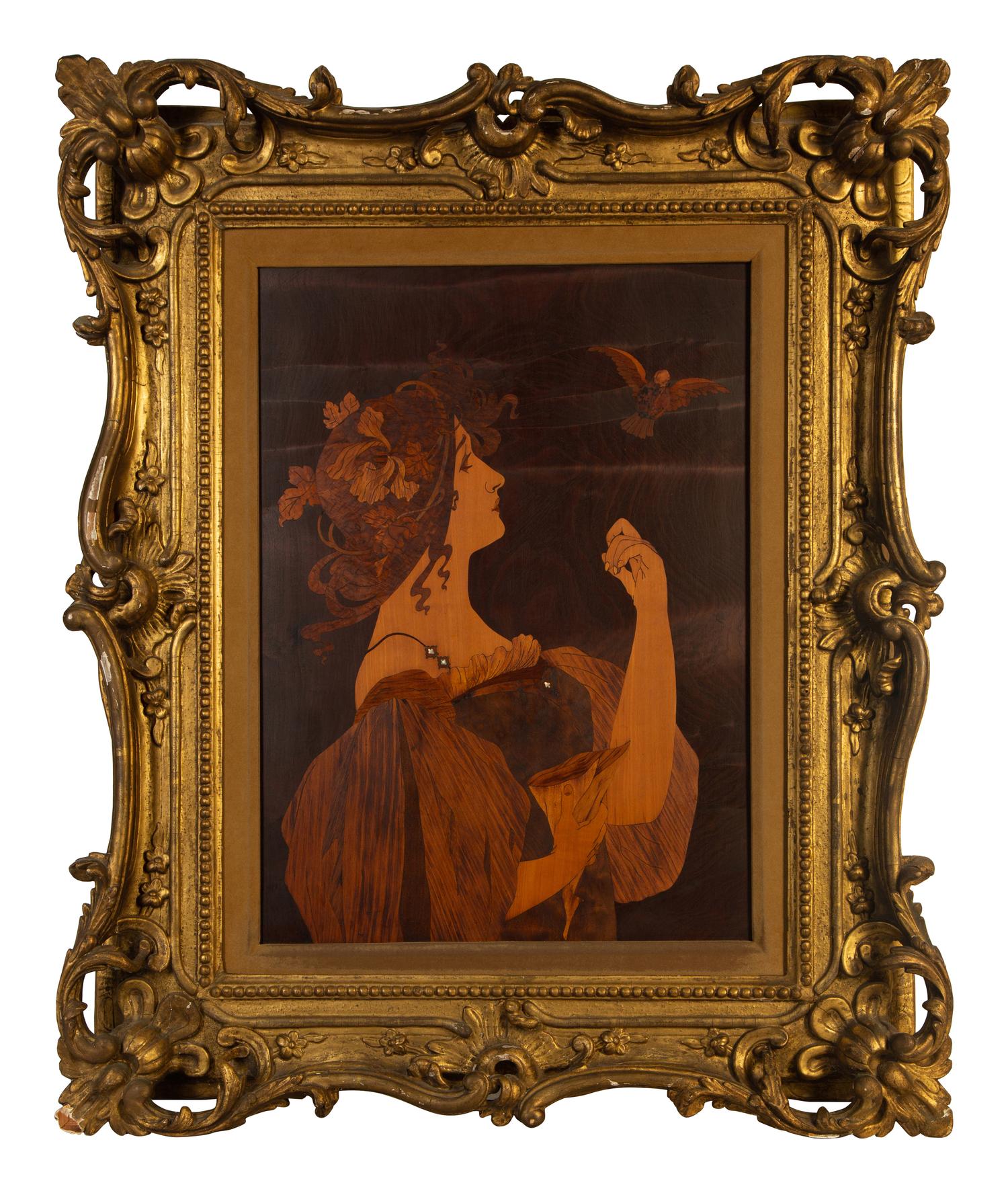 Art Nouveau Intarsia Wall Plaque of a Woman with Bird