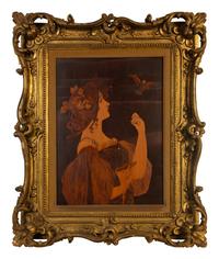 Art Nouveau Intarsia Wall Plaque of a Woman with Bird