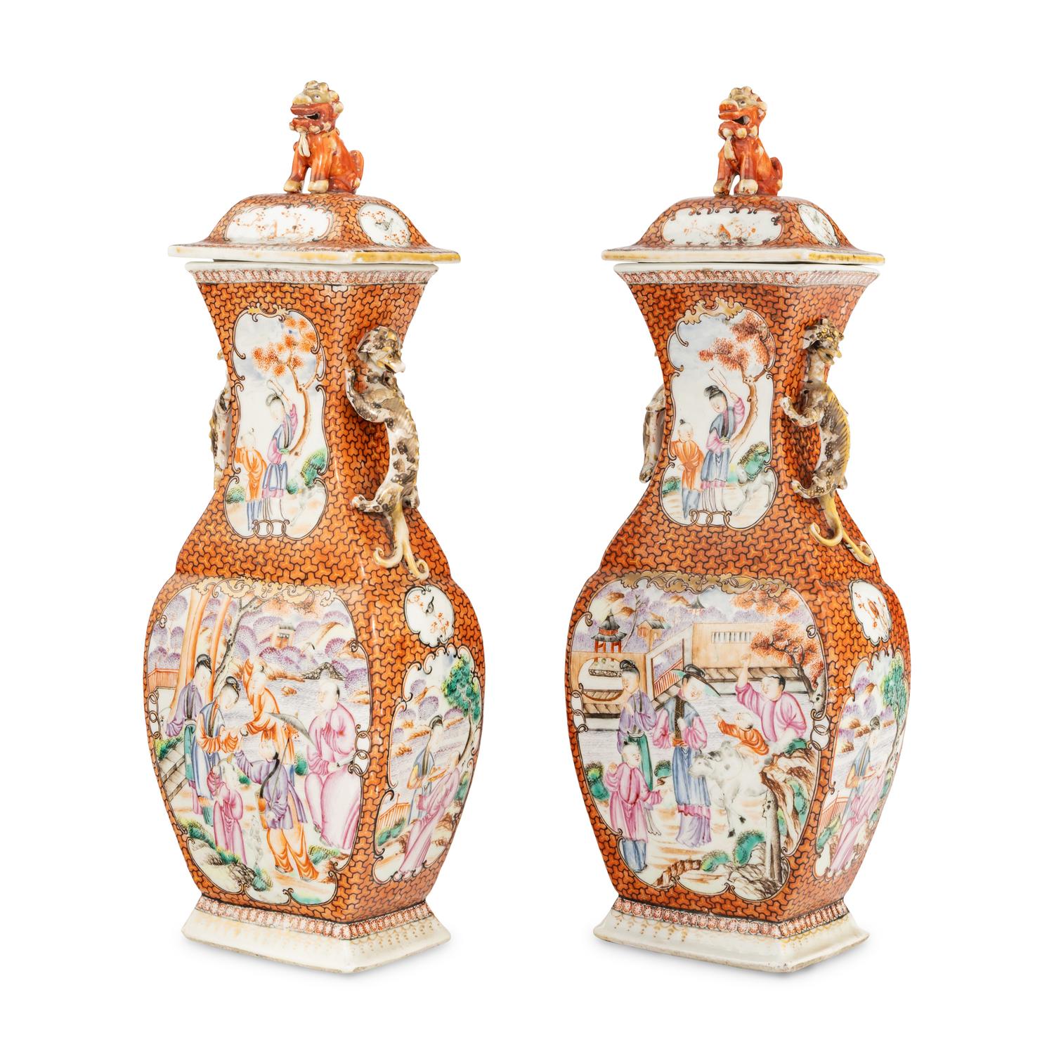 A Pair of Chinese Export Famille Rose Porcelain Covered Vases