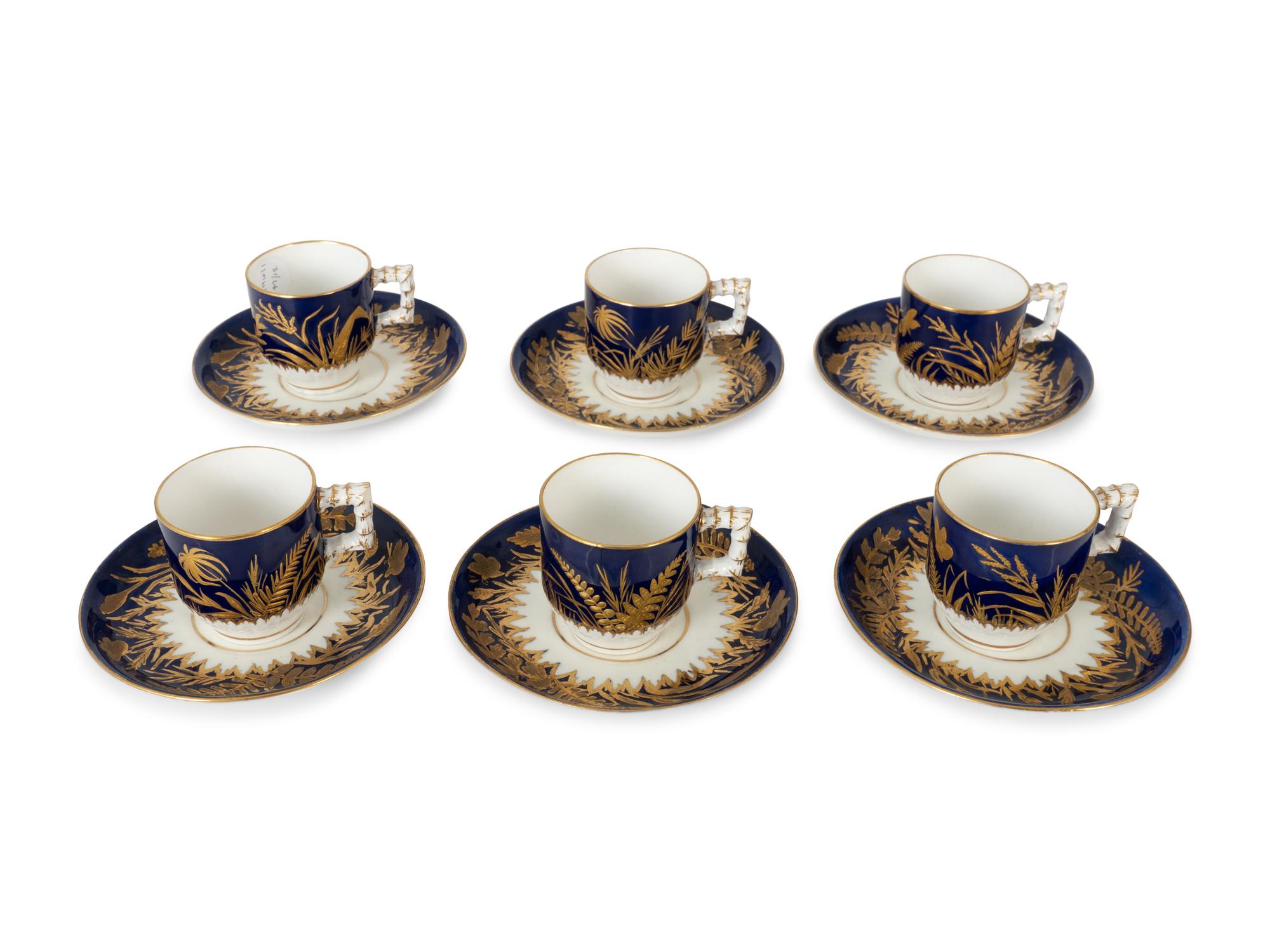A Set of Six Burslem Porcelain Butterfly and Foliage Cups and Saucers — LATE 19TH CENTURY