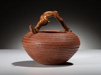 Corrugated Pottery Jar, with Wood Handle