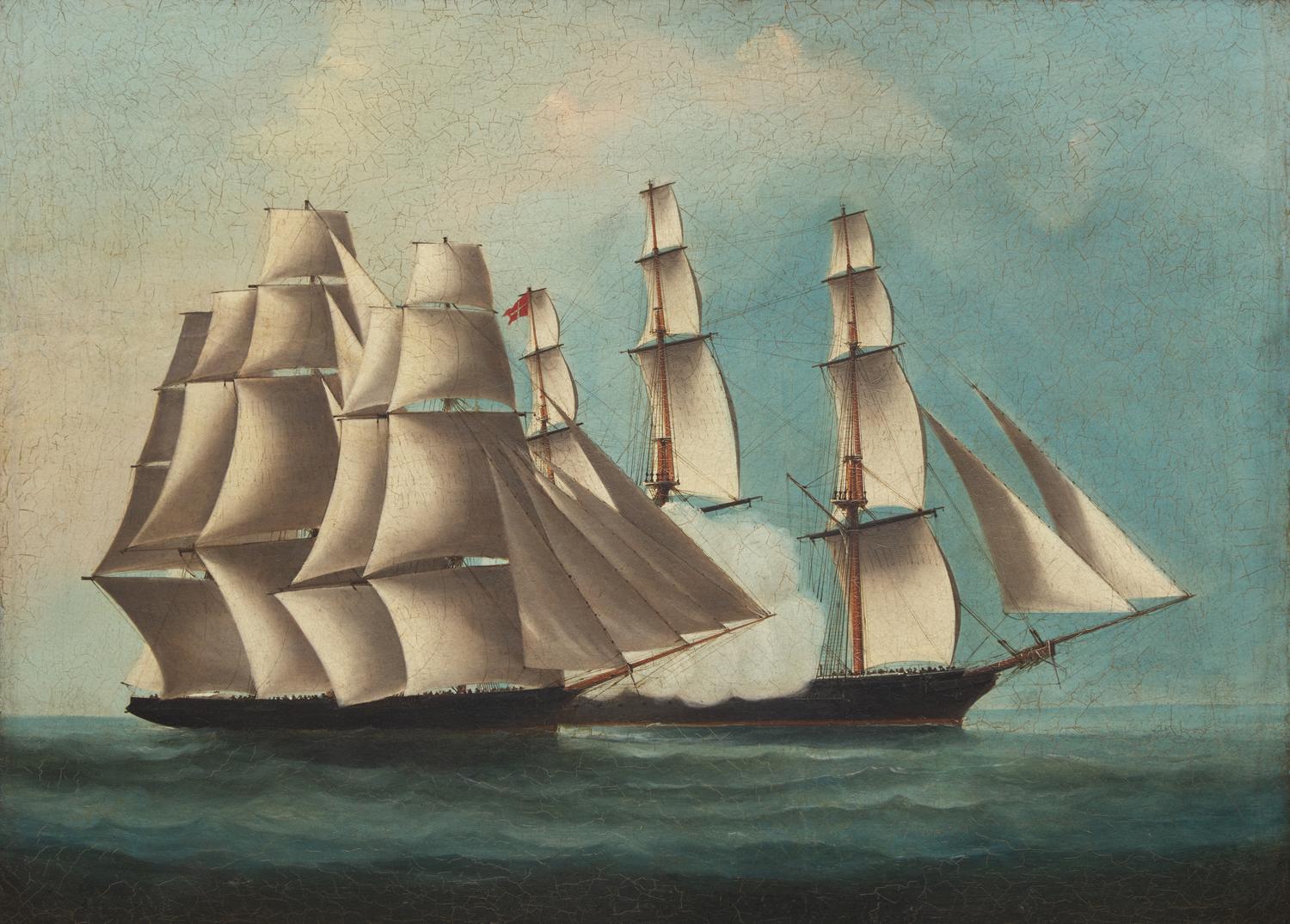 Chinese School 19th Century, Two Square Masted Ships Exchanging Close Fire
