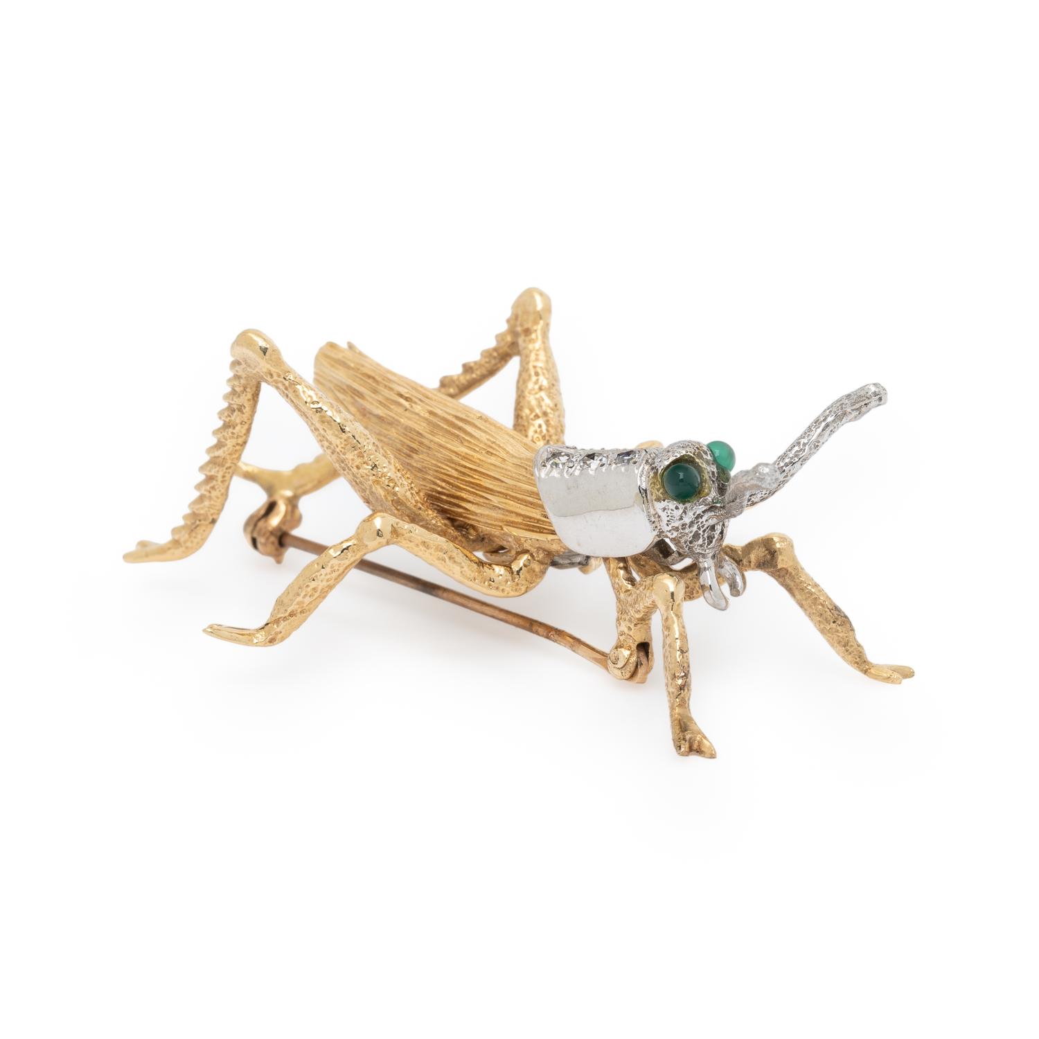 BICOLOR GOLD, DIAMOND, AND CHRYSOPRASE GRASSHOPPER BROOCH
