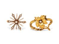 A Collection of Antique 14 Karat Yellow Gold and Diamond Brooches,