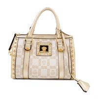 A Versace Metallic and Cream Monogram Handbag, 9.5" x 7" x 6"; Strap drop: 4".