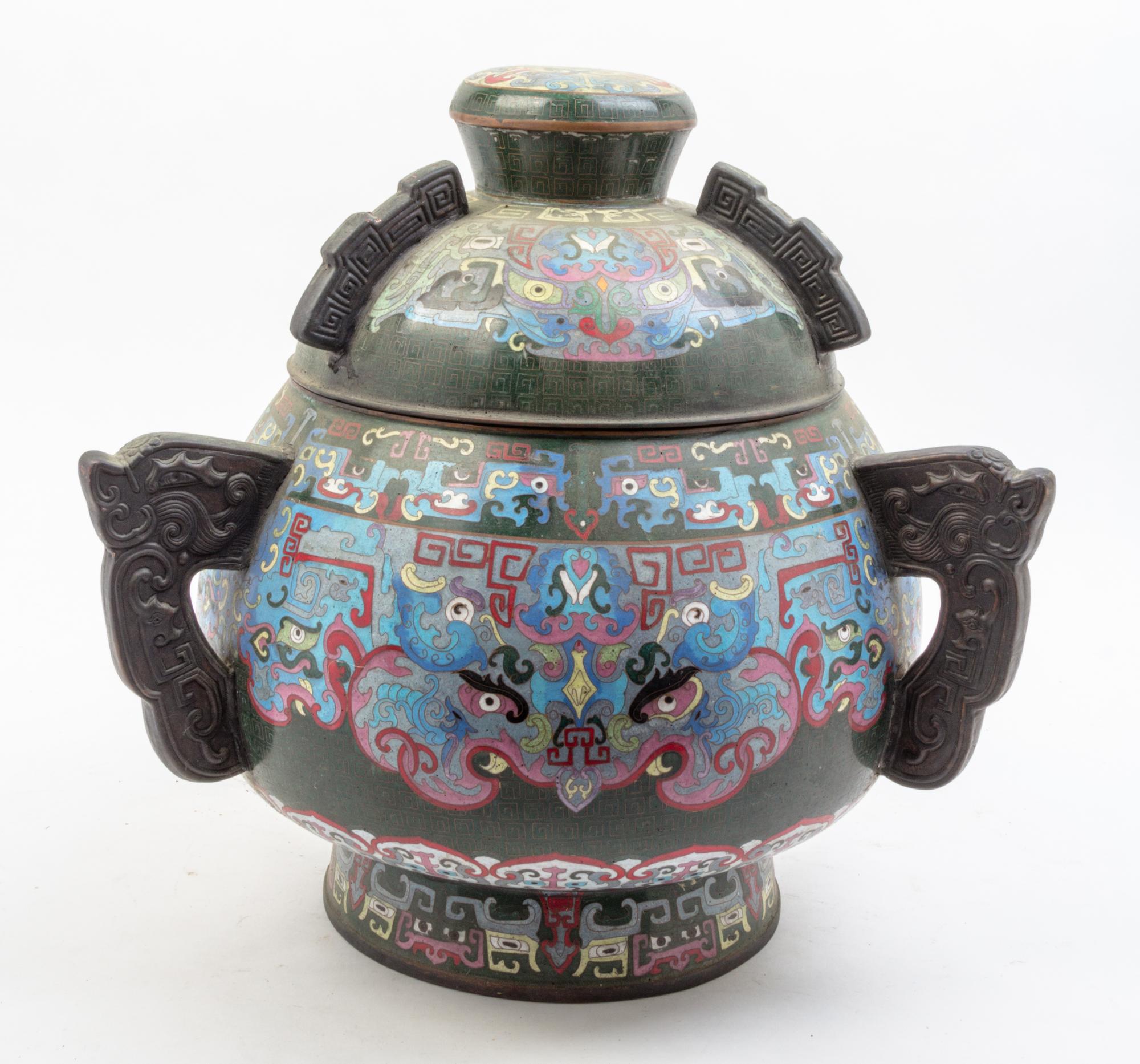A Pair of Archaistic Cloisonne Vessels Height 16 1/2 inches.