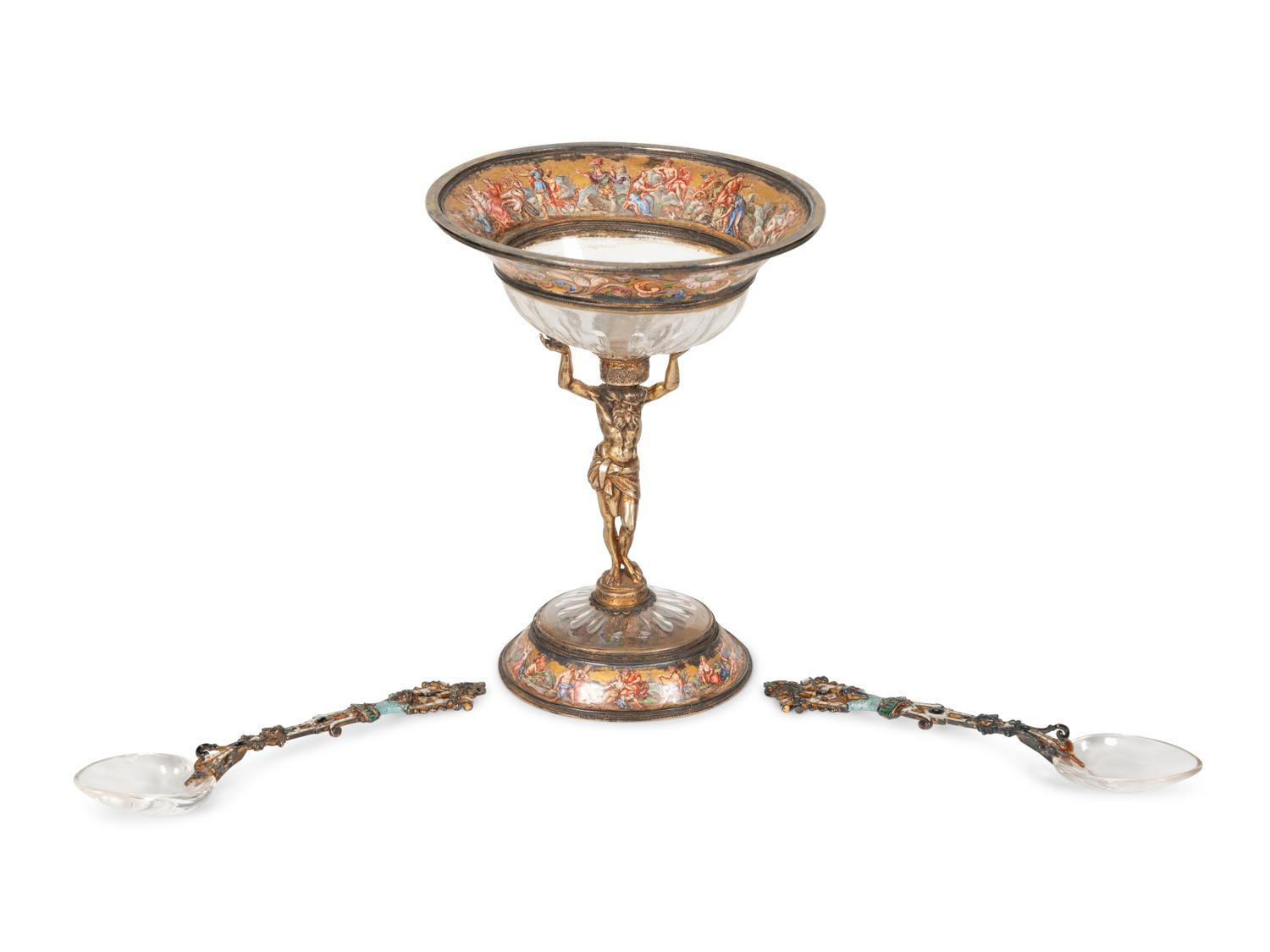 A Viennese Silver-Gilt, Enamel and Rock Crystal Coupe with Two Similar Spoons