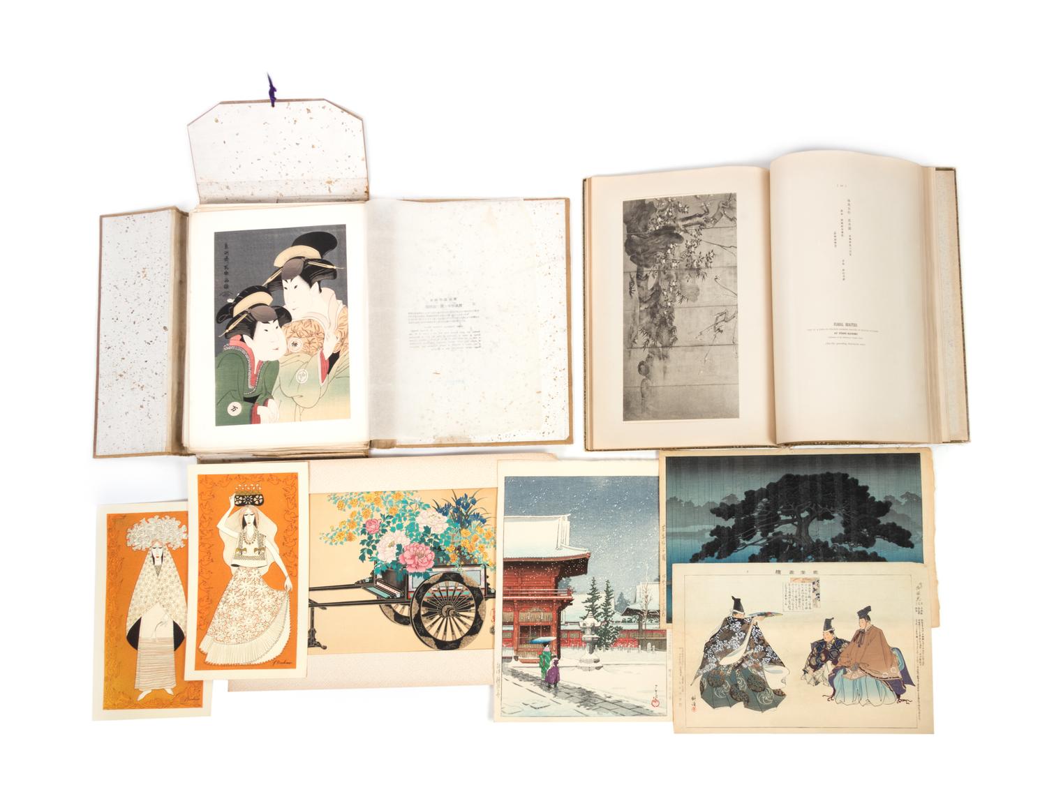 Thirty Japanese Woodblock Prints and Two Books Height of largest print 14 1/2 x 9 1/2 inches.