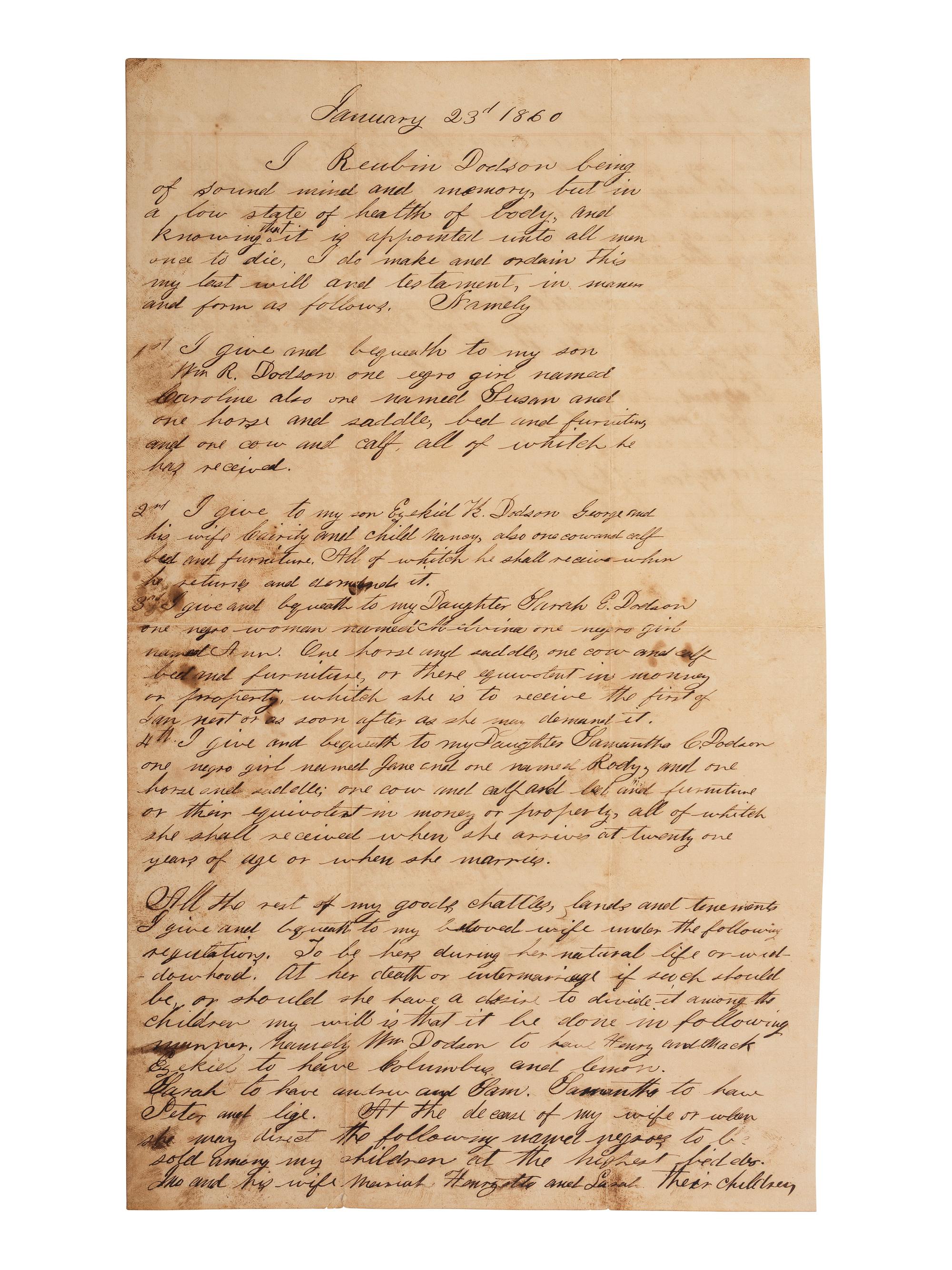 [ENSLAVEMENT & ABOLITION]. Manuscript will of Reuben Dodson bequeathing multiple enslaved persons to his wife and children. Tuscaloosa County, AL, 23 January 1860.