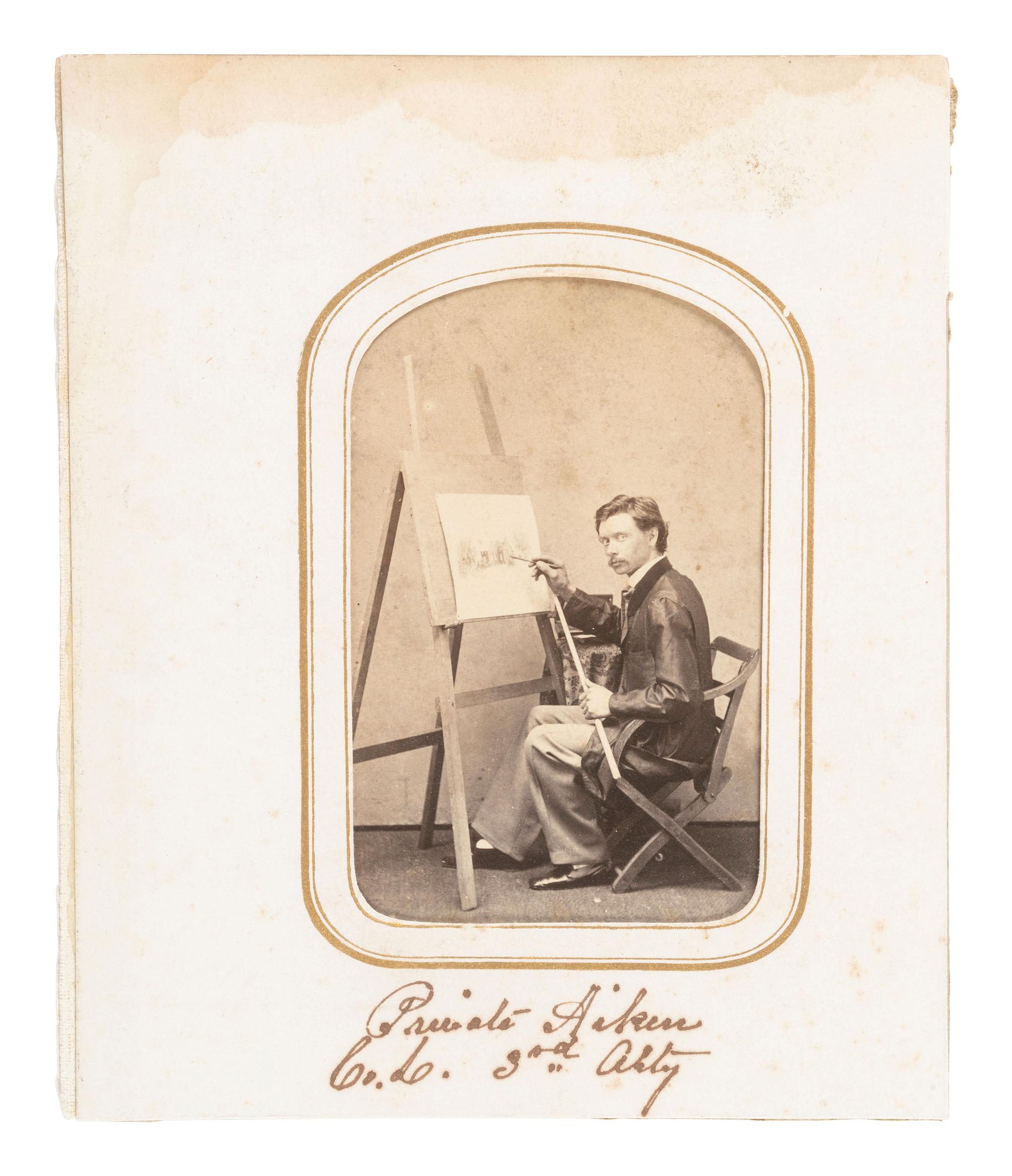 [CIVIL WAR]. Albumen photographs of soldier-artist William Aitken at work, and of the artwork he created.