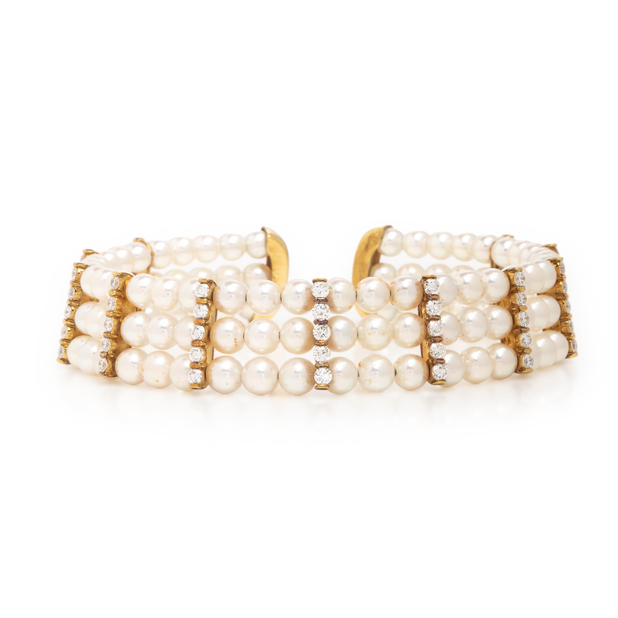 Cultured Pearl, Diamond, and Yellow Gold Choker Necklace