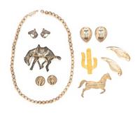 EIGHT PIECES OF SILVER AND WESTERN THEMED JEWELRY