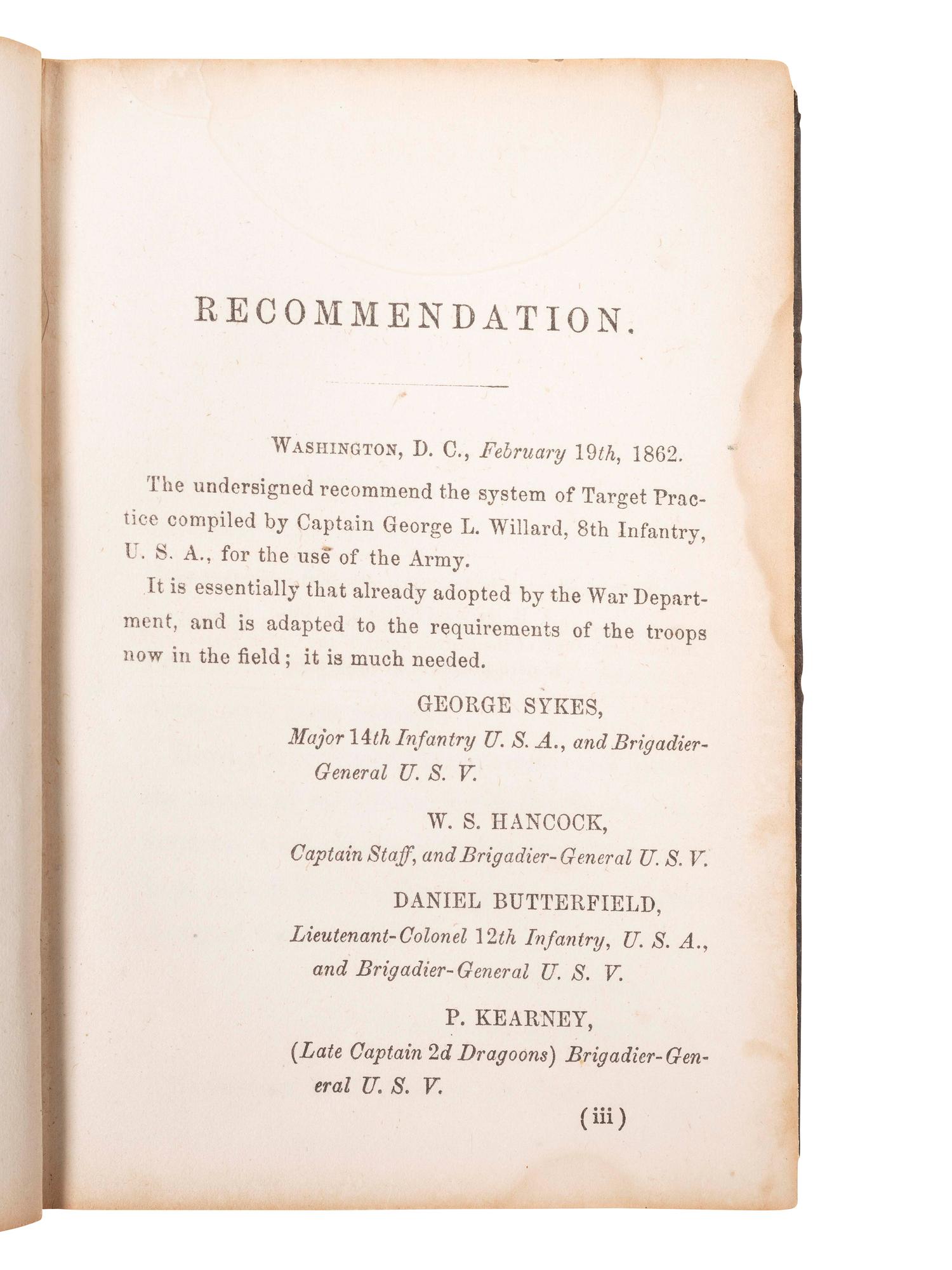 [CIVIL WAR]. WILLARD, Maj. G.L. Manual of Target Practice for the United States Army . Philadelphia, PA: J.B. Lippencott & Co., 1862. Identified to George G. Stoddard, US Marine Corps.