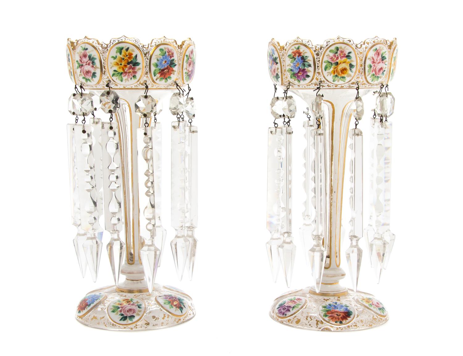 A Pair of Bohemian Enameled and Cased Glass Girandoles, Height 11 inches.