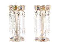A Pair of Bohemian Enameled and Cased Glass Girandoles, Height 11 inches.