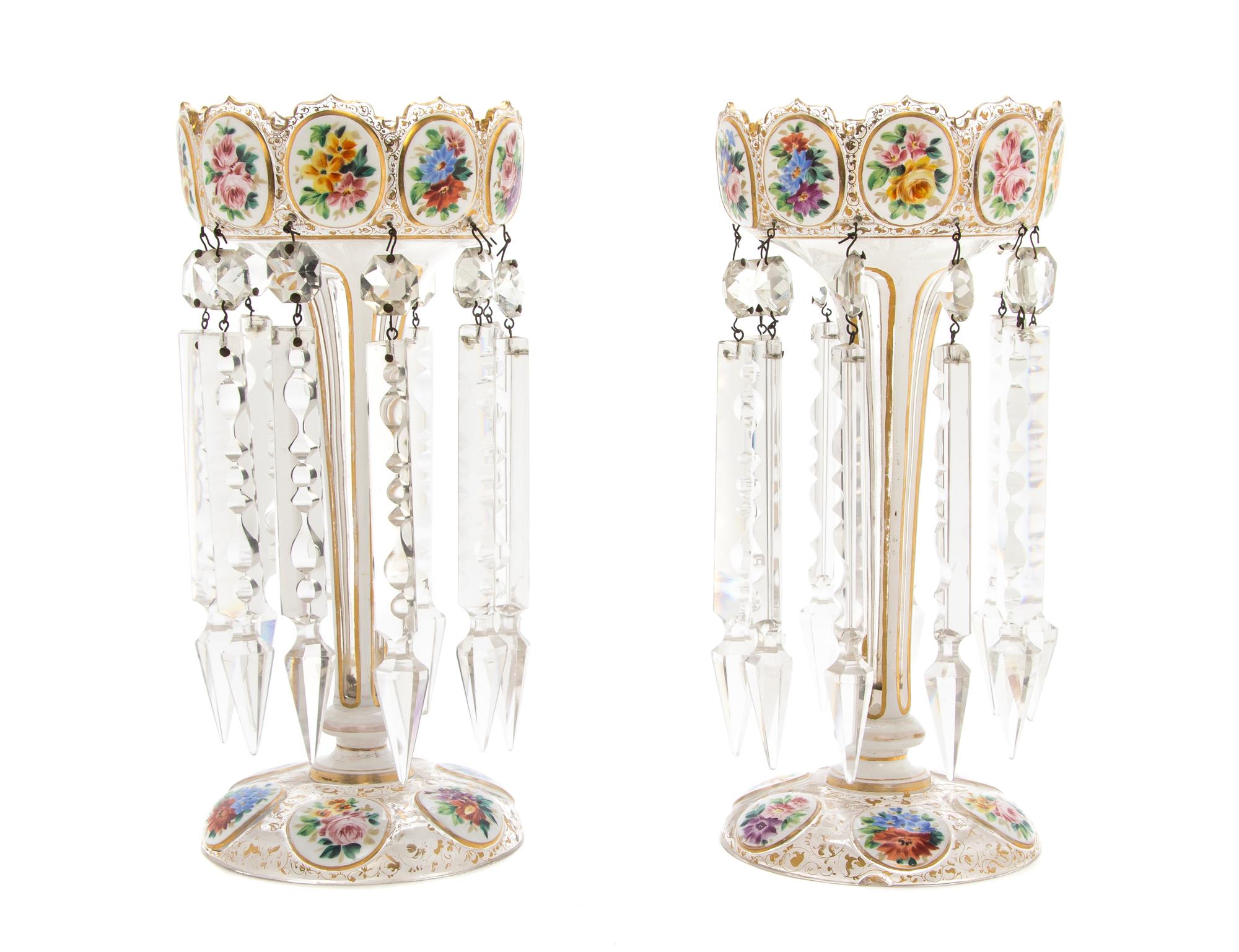A Pair of Bohemian Enameled and Cased Glass Girandoles, Height 11 inches.