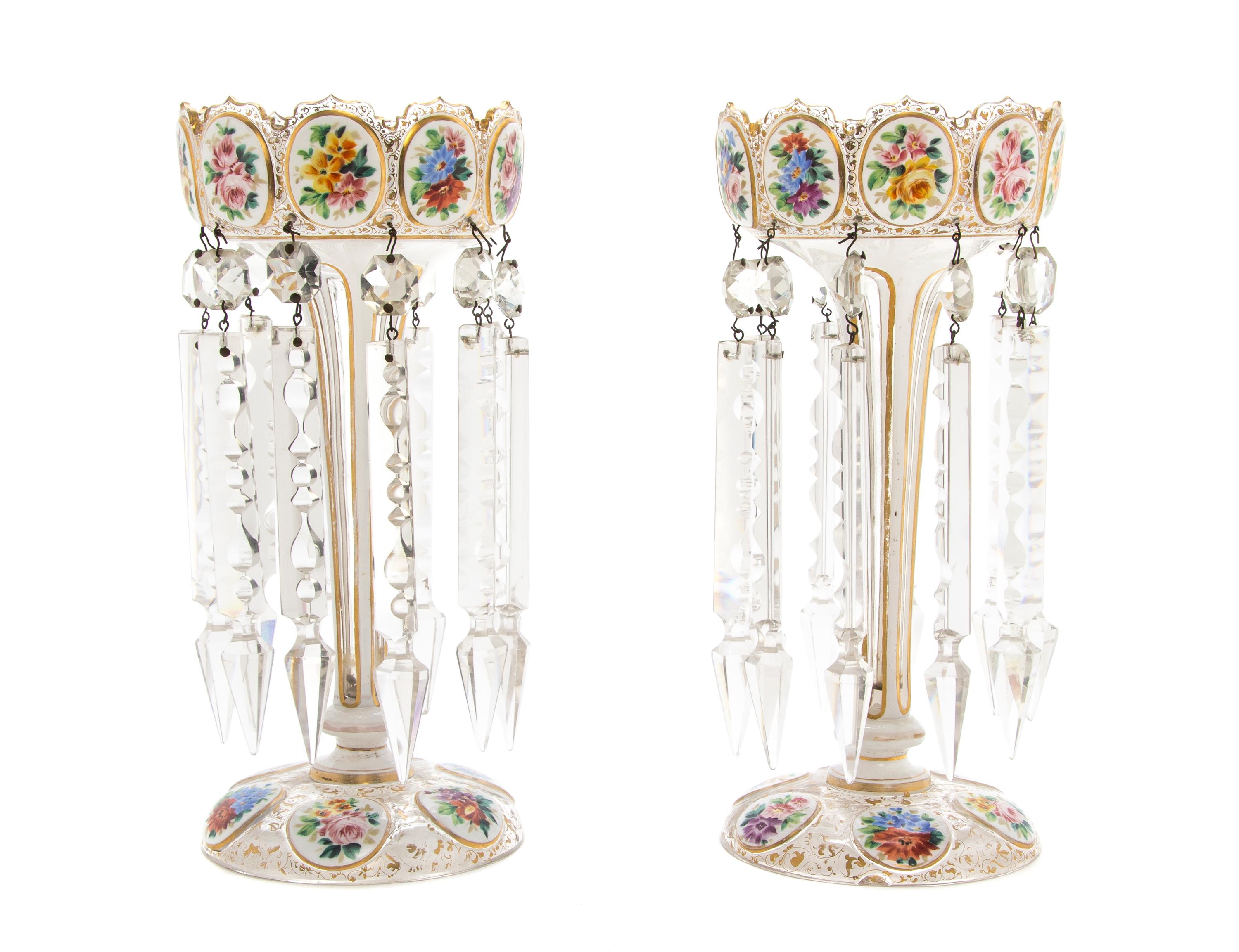A Pair of Bohemian Enameled and Cased Glass Girandoles, Height 11 inches.