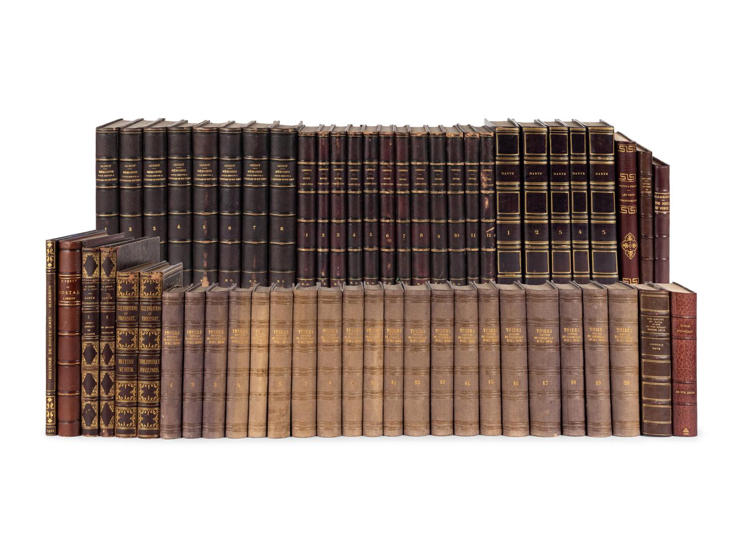 [FINE BINDINGS]. A group of 56 volumes in fine full or half leather bindings, including works relating to history, art, literature, and geography, mostly in French.