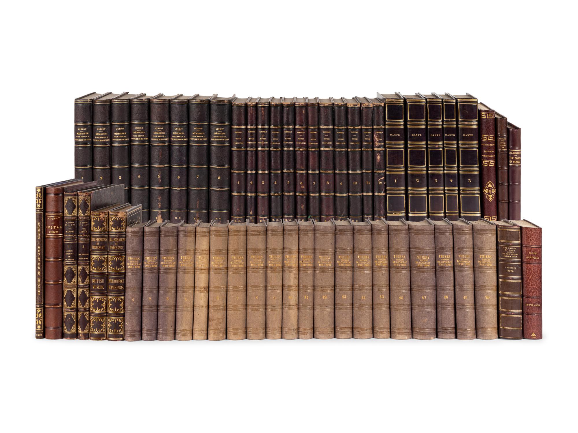 [FINE BINDINGS]. A group of 56 volumes in fine full or half leather bindings, including works relating to history, art, literature, and geography, mostly in French.