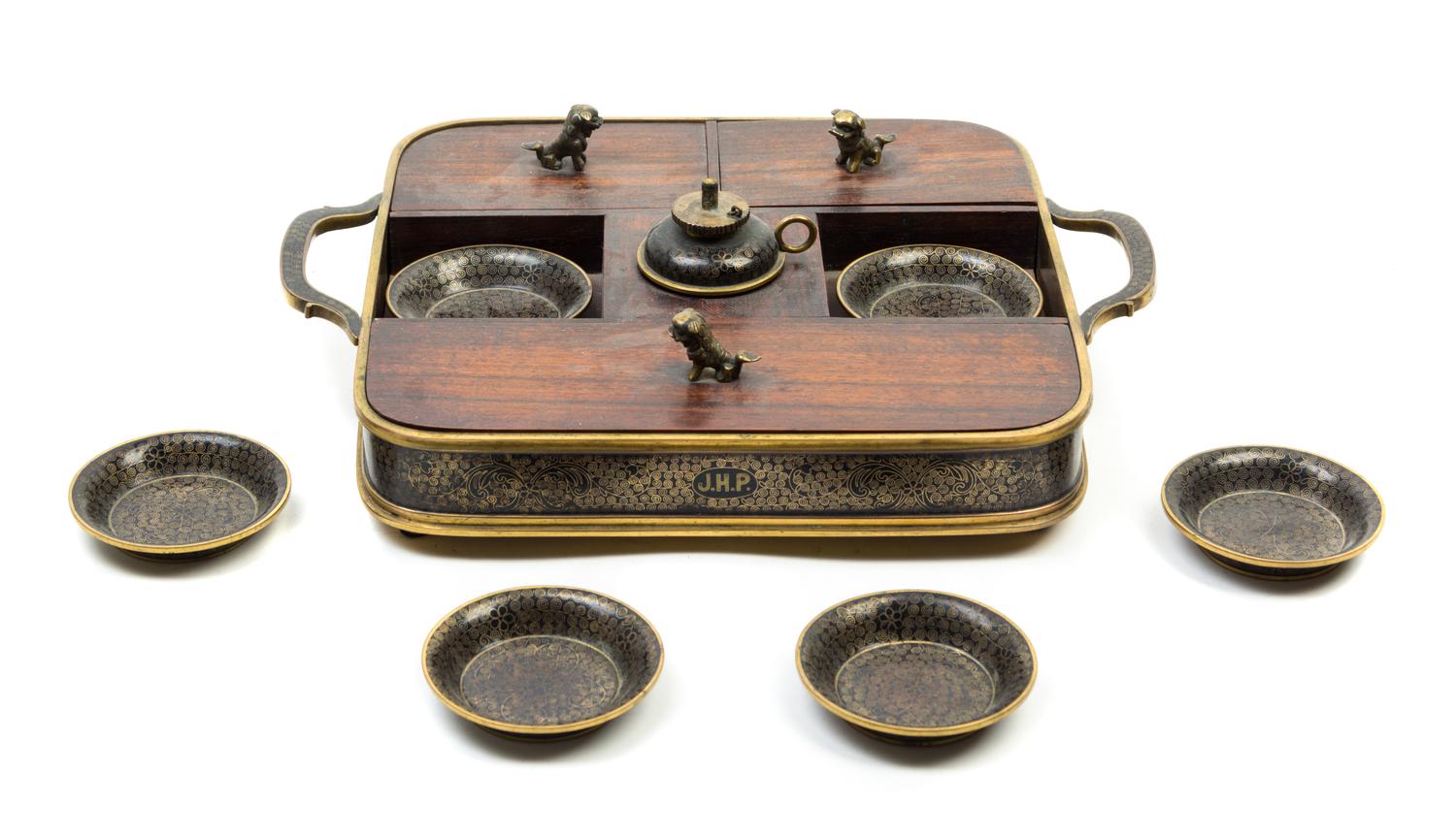 A Chinese Export Cloisonne Mounted Rosewood Smoking Tray Width over handles 12 1/2 inches.
