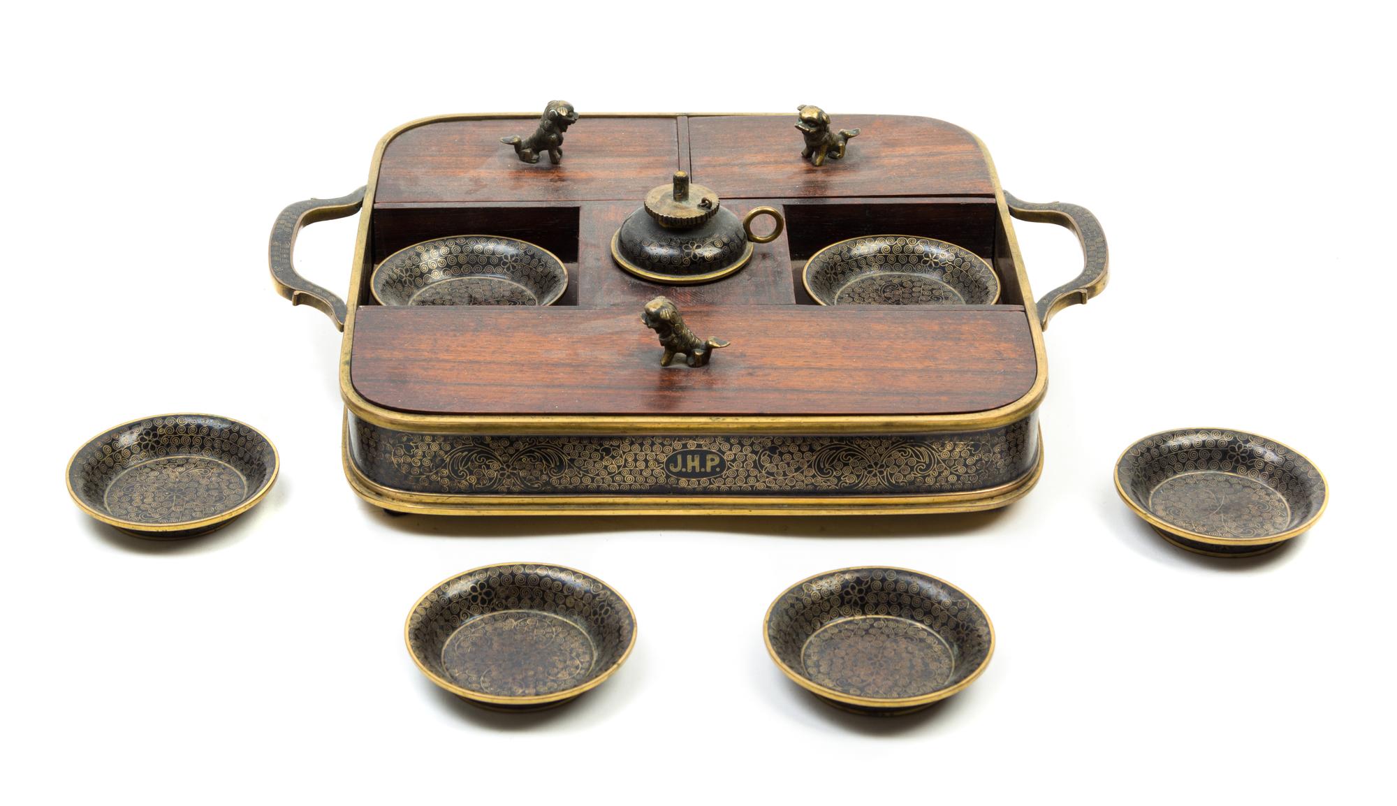 A Chinese Export Cloisonne Mounted Rosewood Smoking Tray Width over handles 12 1/2 inches.